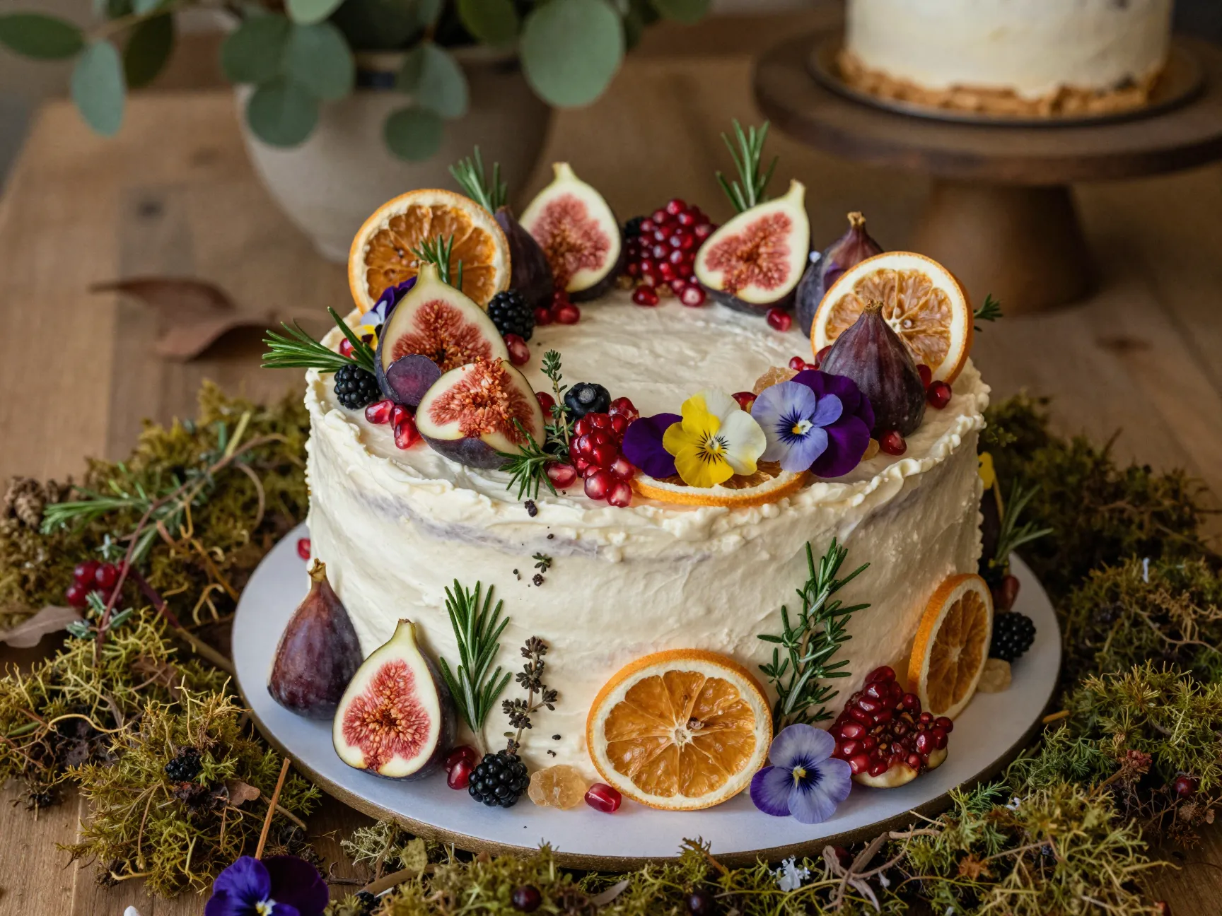 Fresh and dried fruit botanical cake with herbs