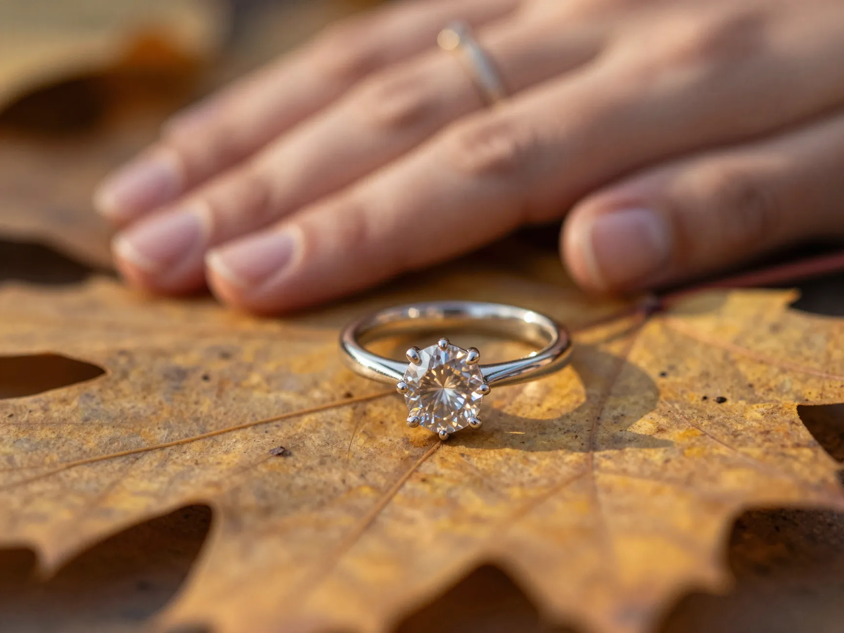 Close up macro shot of engagement ring on autumn leaves