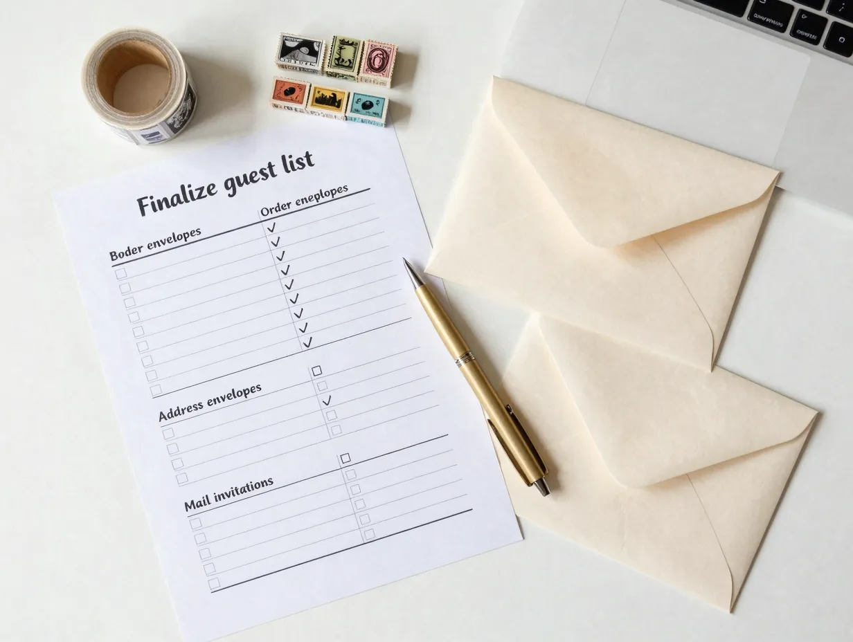 Planning checklist with extra envelopes and stamp roll