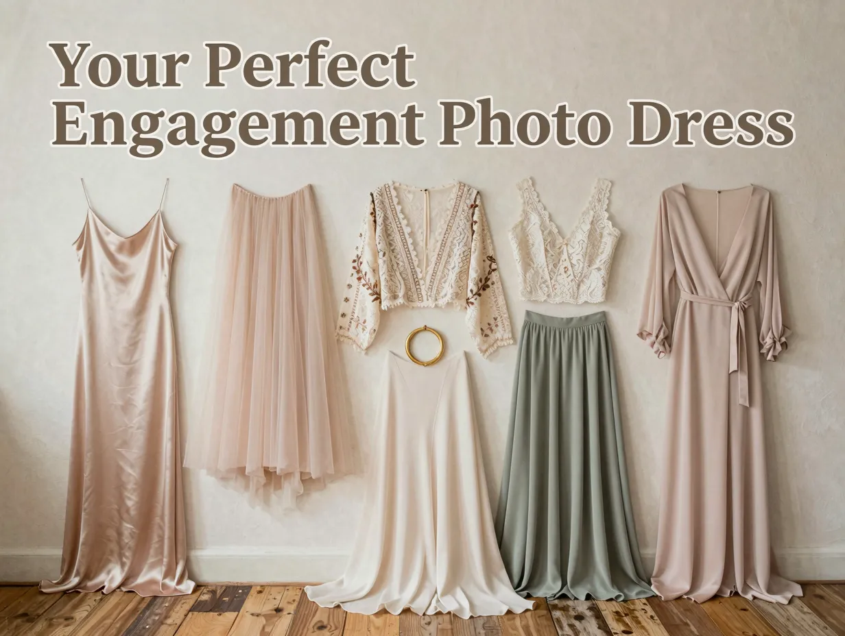 Flat lay nine engagement dress swatches on wood ring mood board