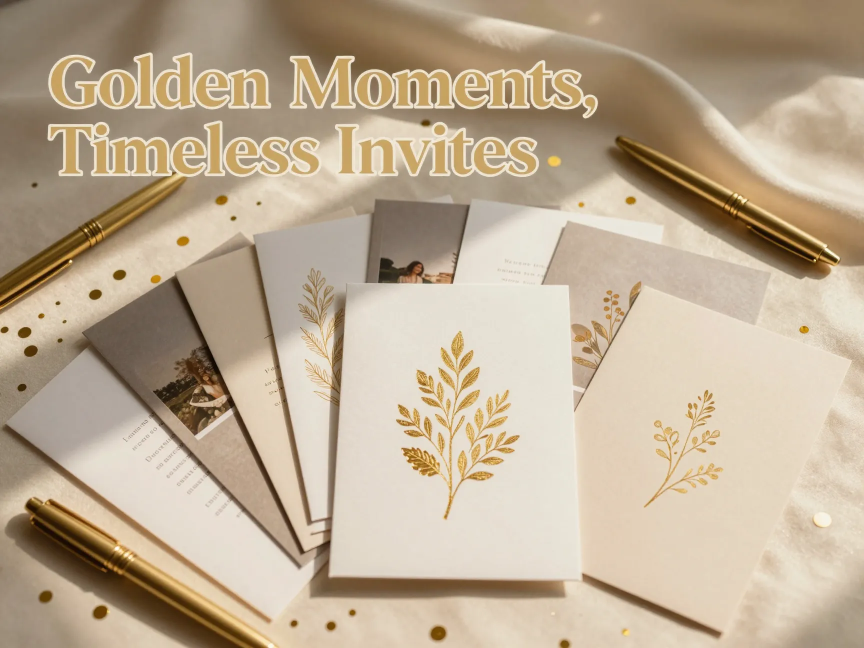 Golden anniversary invitation flatlay nine styles foil botanical