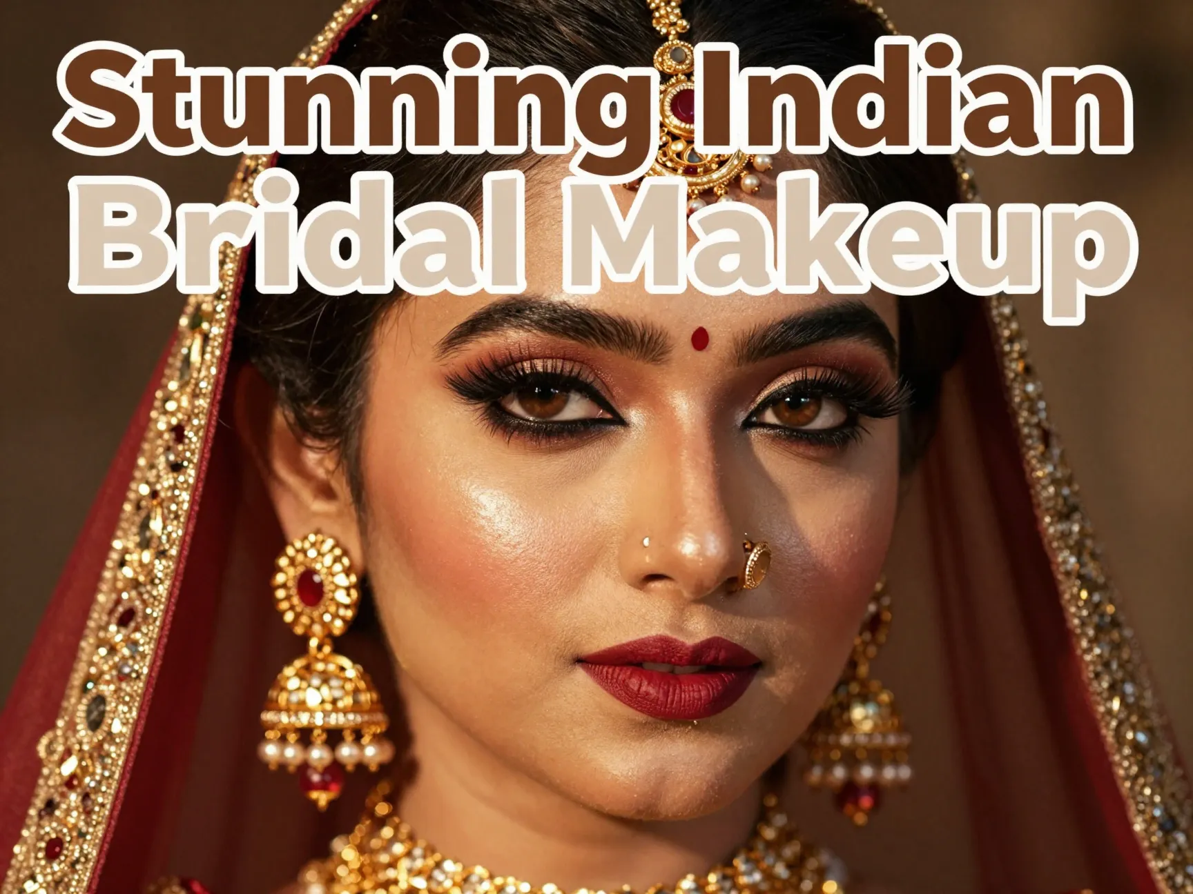 Indian bride dewy skin red lip gold jewelry soft glam