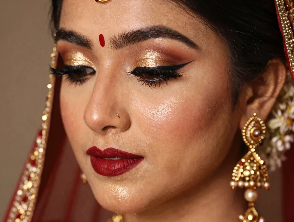 Dewy glass skin classic red bride voluminous lashes gold eyeshadow