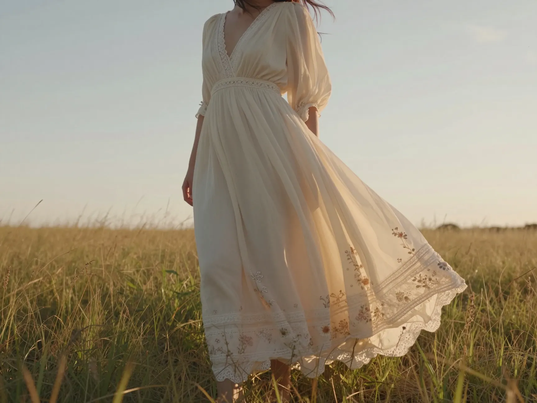 Flowy ivory chiffon maxi dress blowing in wind at golden hour meadow