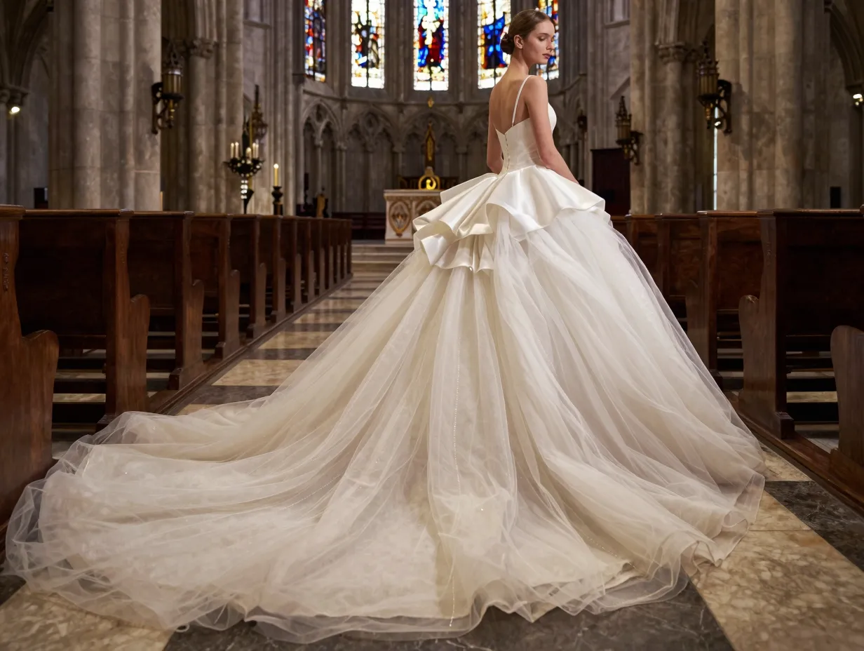 Ivory tulle ball gown with cloud like volume in a cathedral