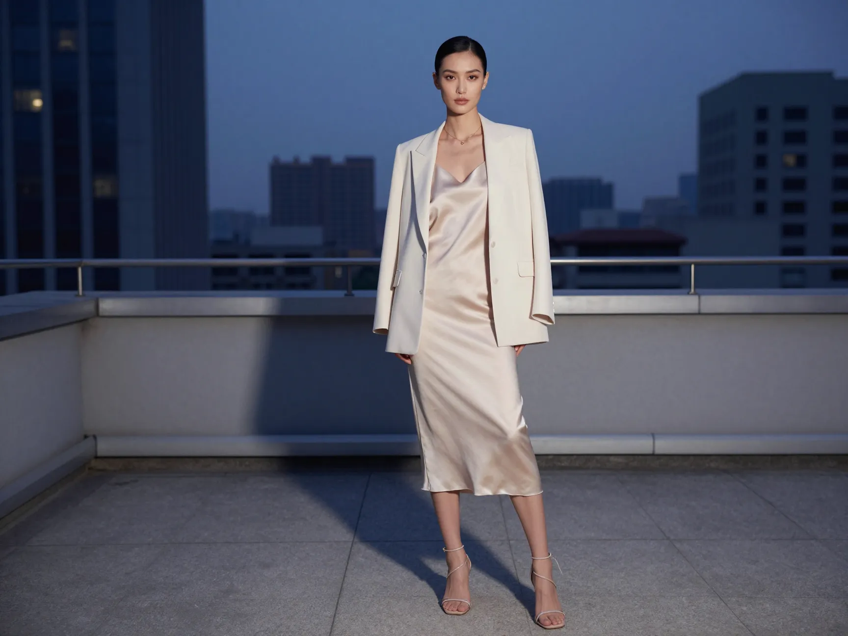 Minimalist champagne slip dress with blazer on urban rooftop at dusk