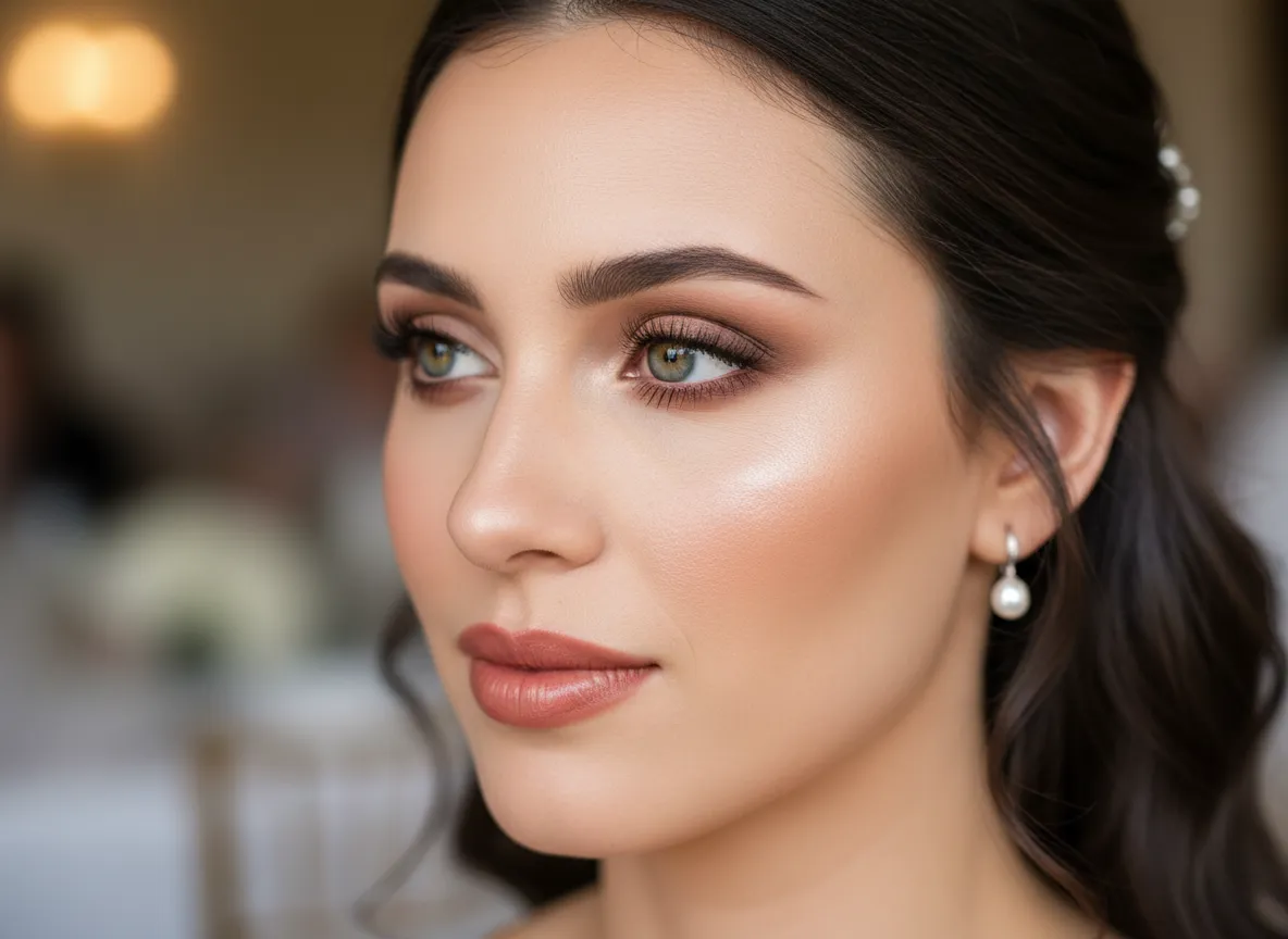 Soft glam dewy skin taupe smokey eye rosewood lips natural brows