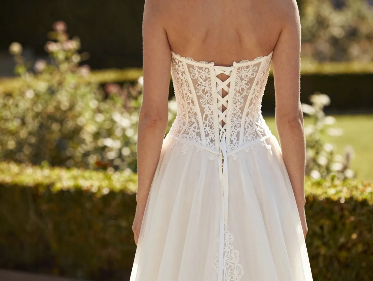 Structured corset gown with lace up back in a sunlit garden