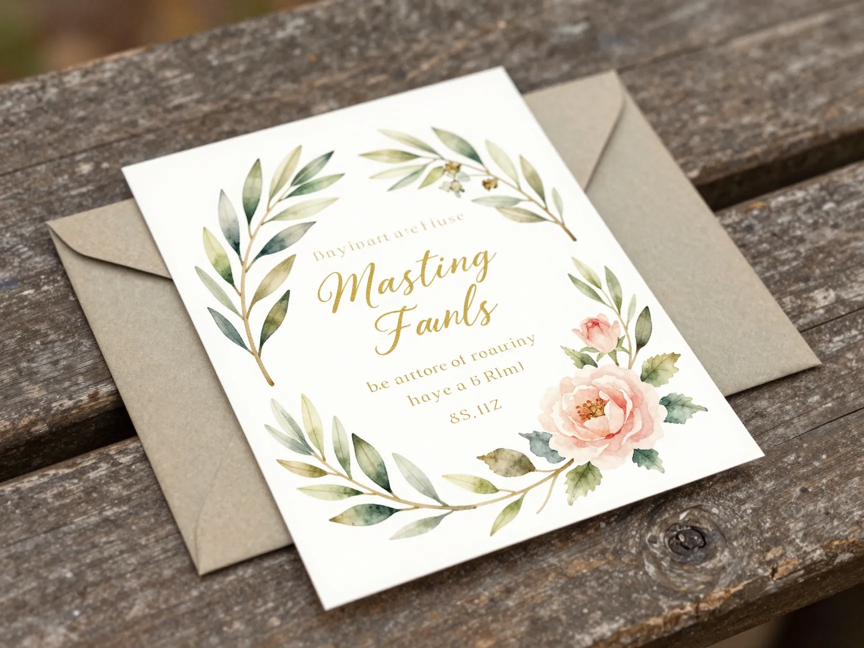 Vintage botanical illustration invitation with watercolor roses olive branches