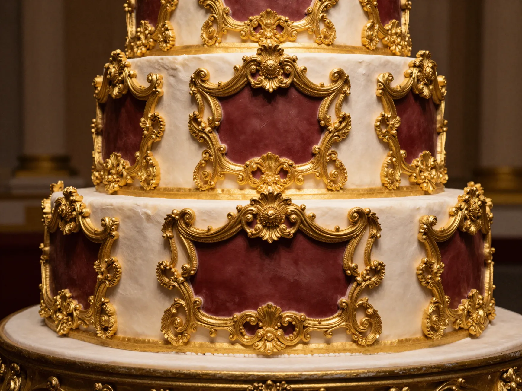Baroque rococo ornate cake with scrollwork gilded accents