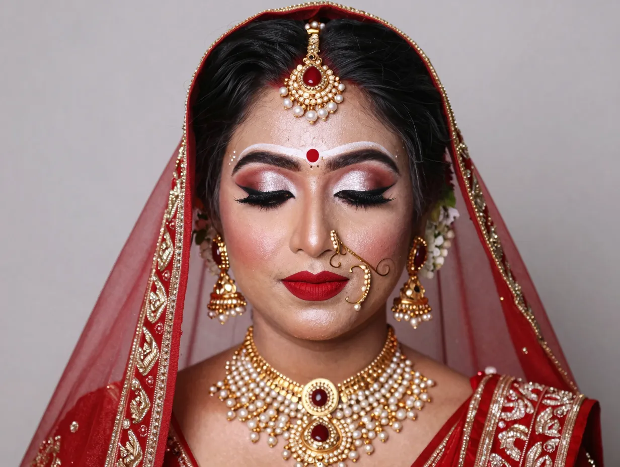 Bengali bridal bold red lips kohl eyes white eyeshadow luminous base