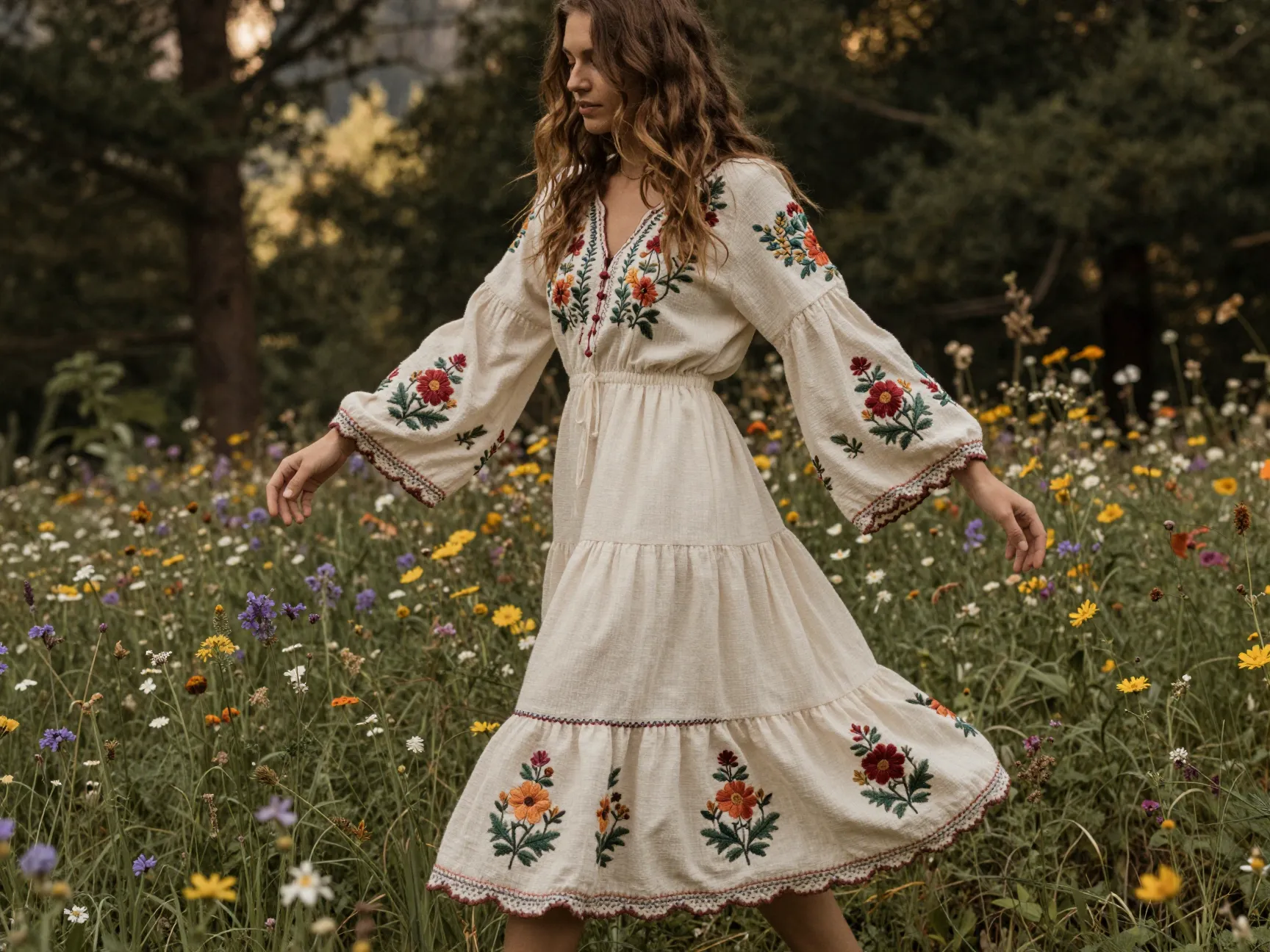 Embroidered boho dress with bell sleeves in a wildflower forest