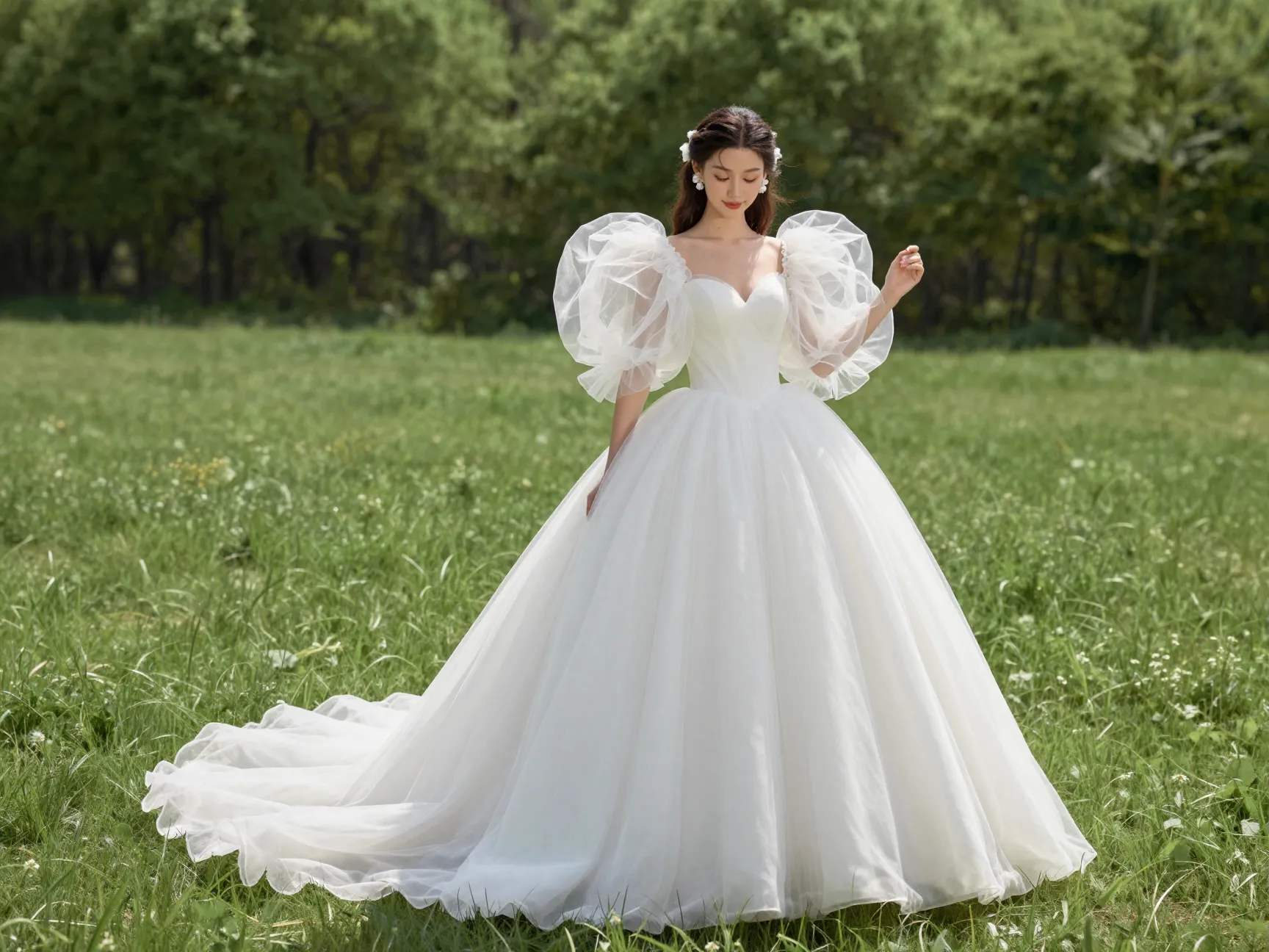 Puff sleeve princess gown with full a line skirt outdoors