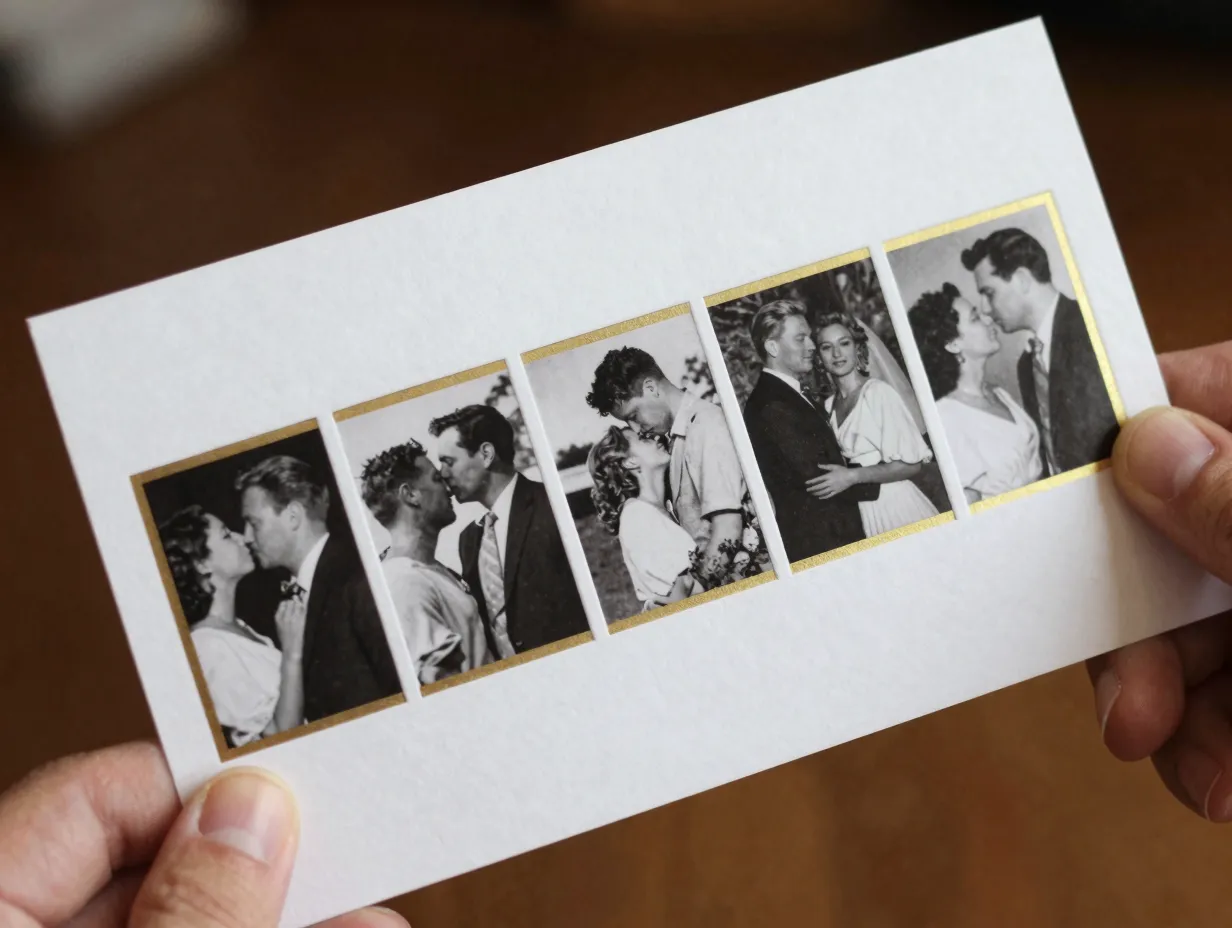 Personalized photo collage invitation with timeline of black and white photos