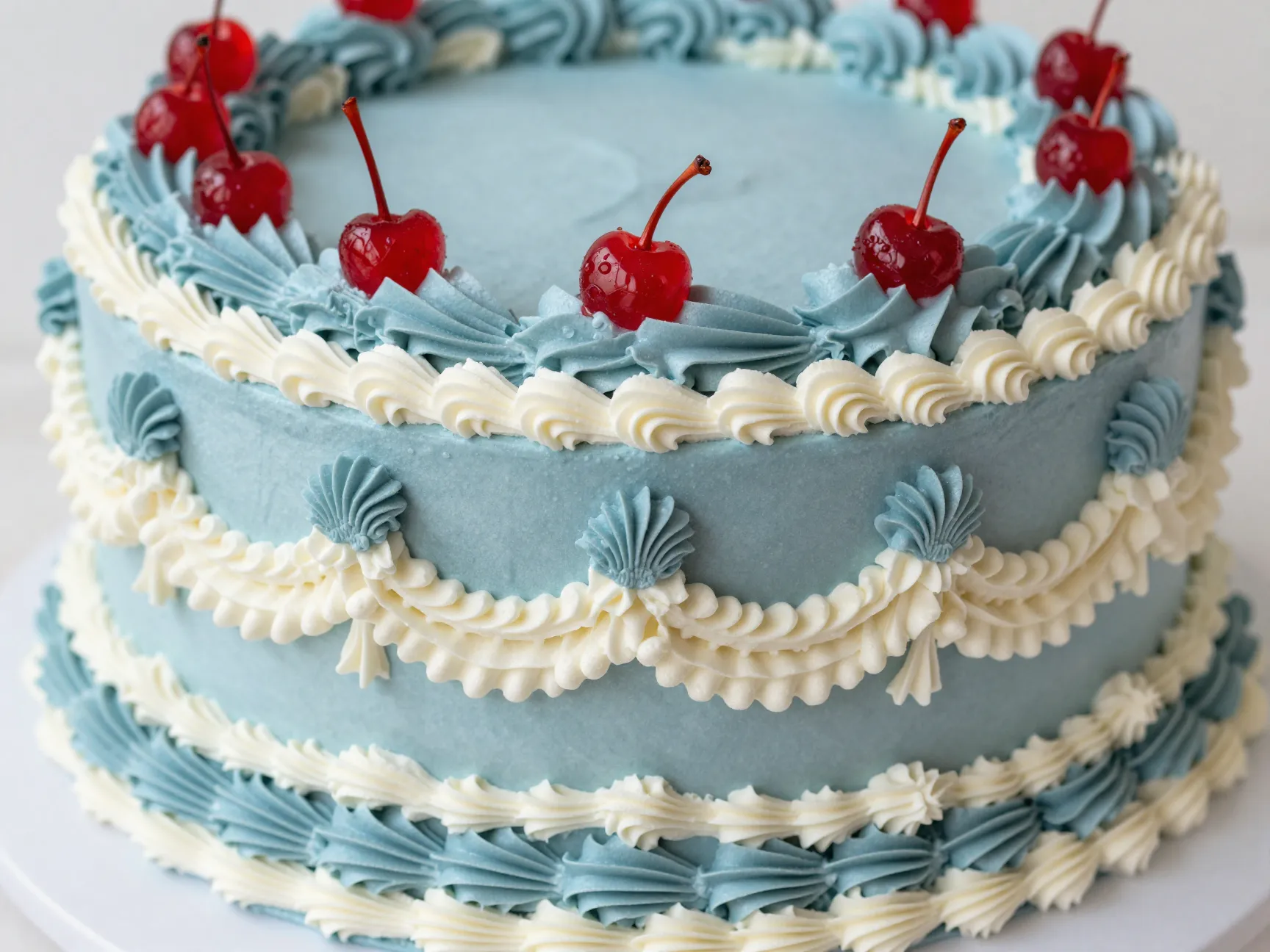 Lambeth style hyper maximalist piping dusty blue cake