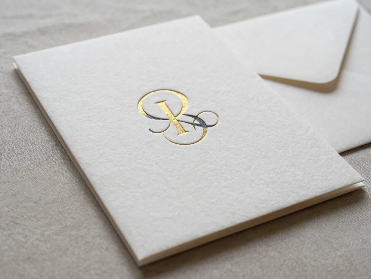 Letterpress monogram invitation on thick cotton paper with deep impression