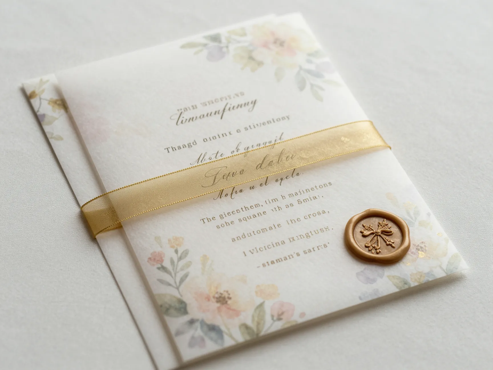 Elegant vellum overlay invitation with translucent sheet gold ribbon
