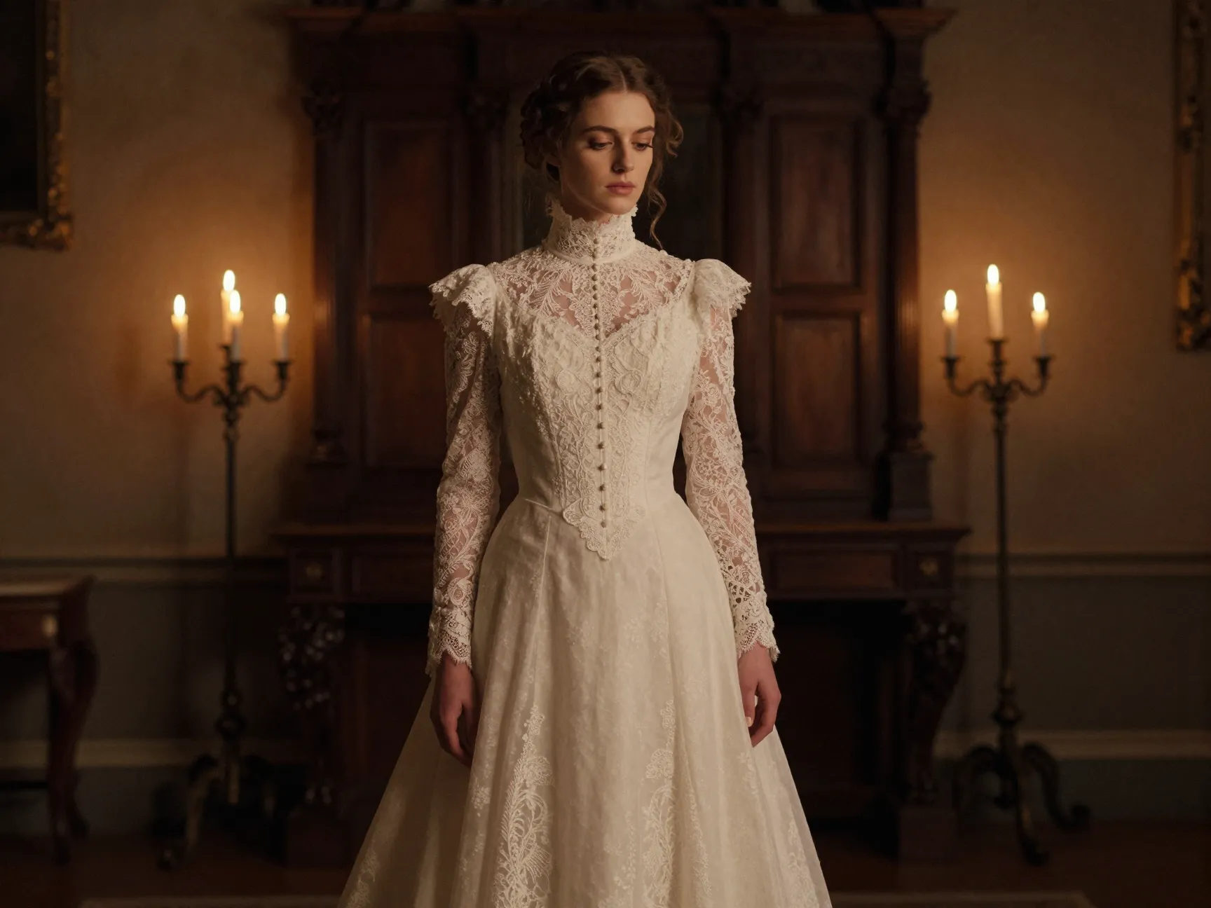 Victorian inspired high neck gown with lace in candlelight