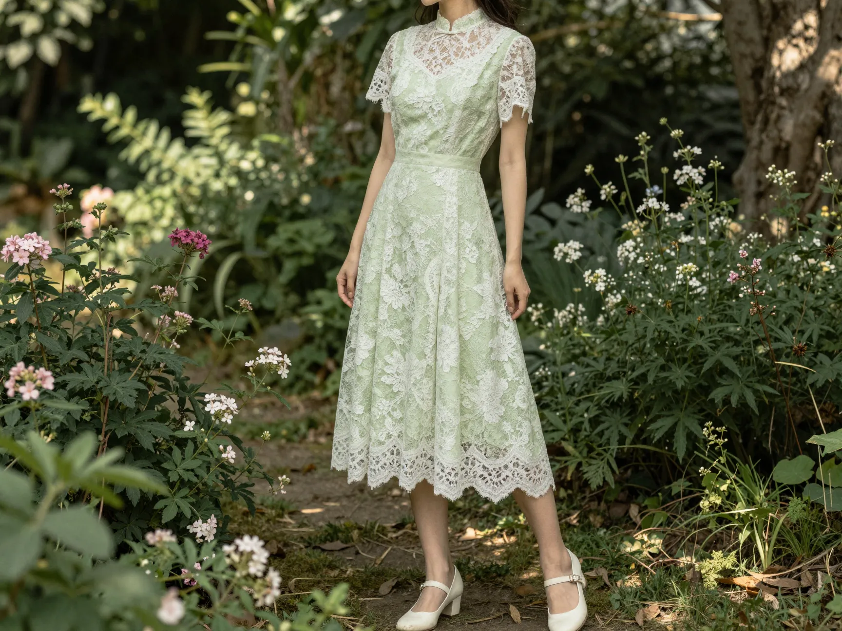 Vintage tea length lace dress in a dappled garden light