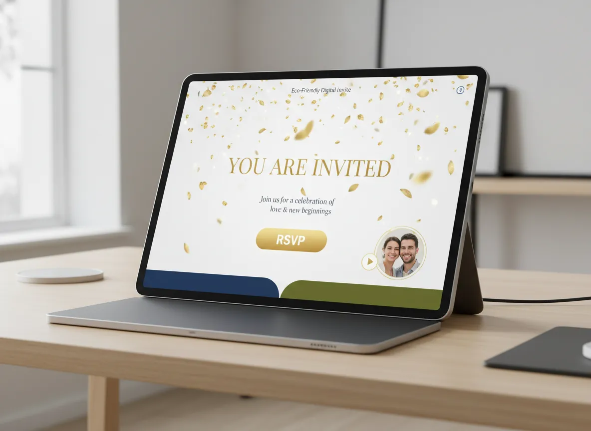 Digital animated invitation with gold confetti falling on tablet screen