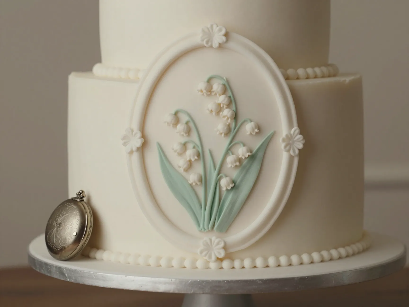 Oval cameo shaped cake with lily of the valley motifs