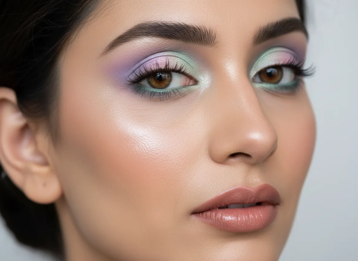 Pastel contemporary lavender eyeshadow holographic highlight dewy base