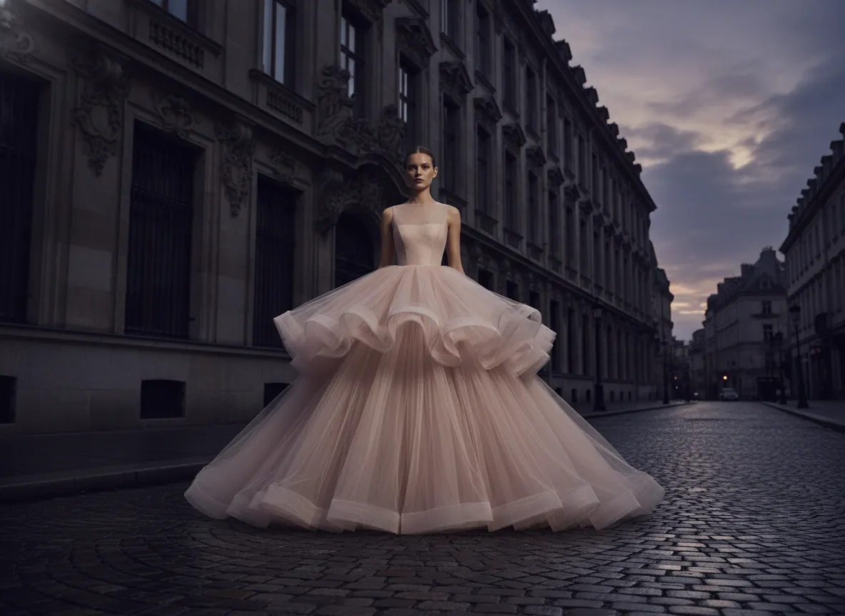 Voluminous blush tulle skirt in a moody urban street