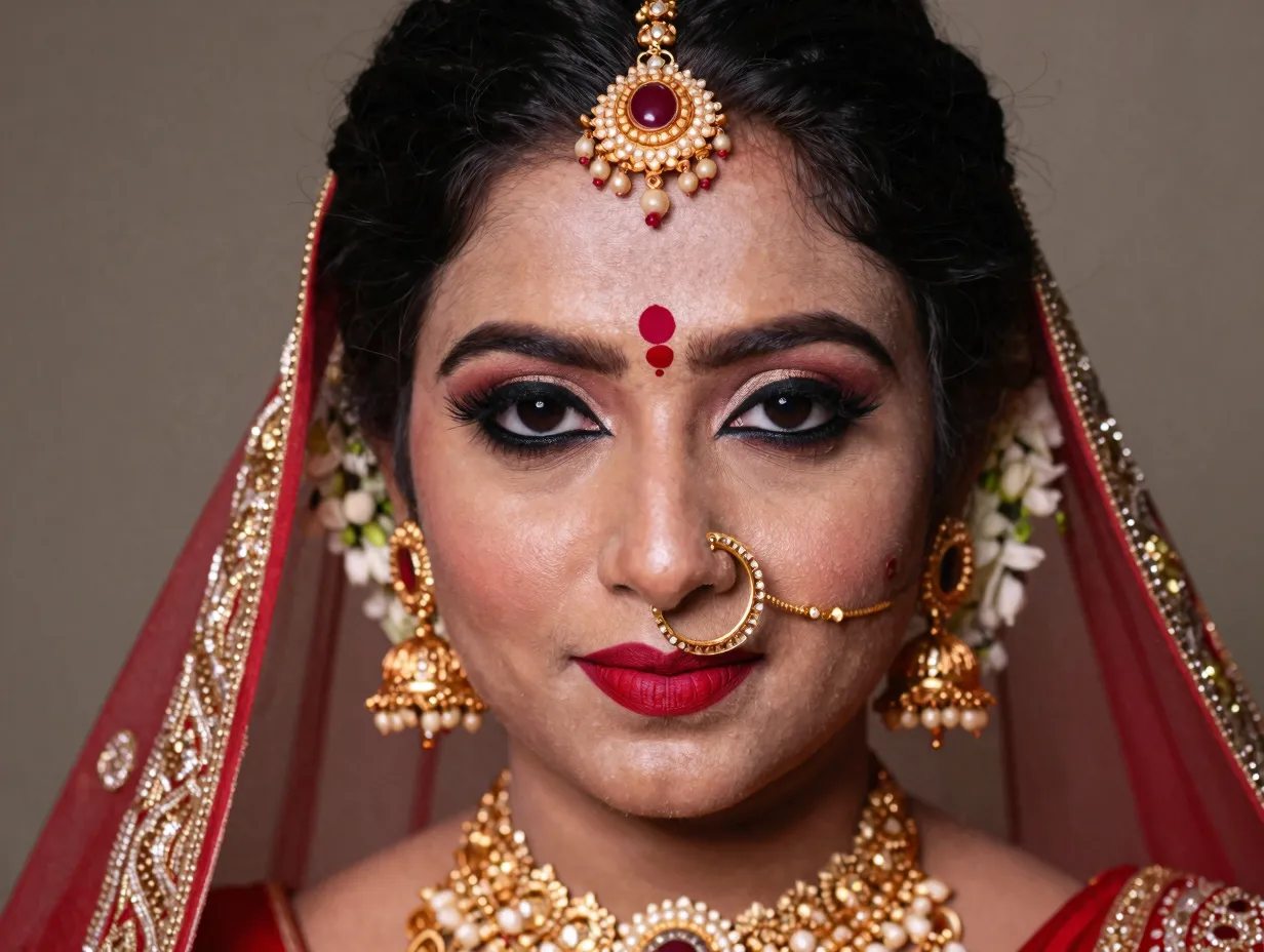 Maharashtrian bridal bold graphic kajal red lip nath nose ring bindi