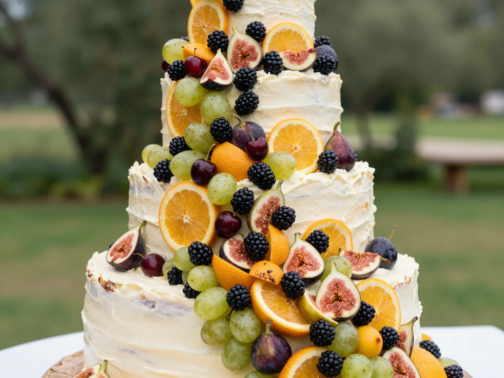 Maximalist fresh fruit cake with cascading figs blackberries citrus
