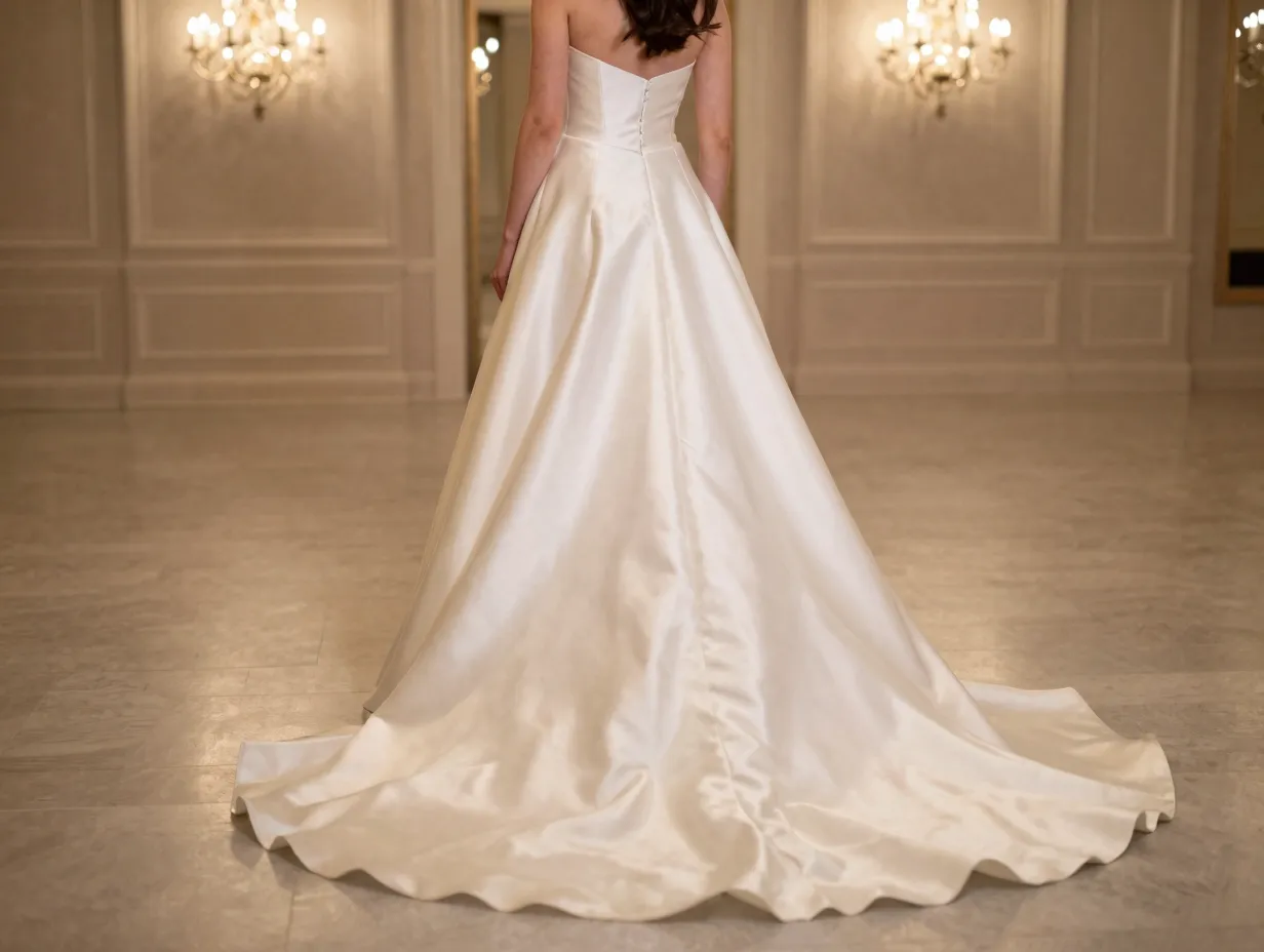 Off white mikado silk gown with luminous train in ballroom