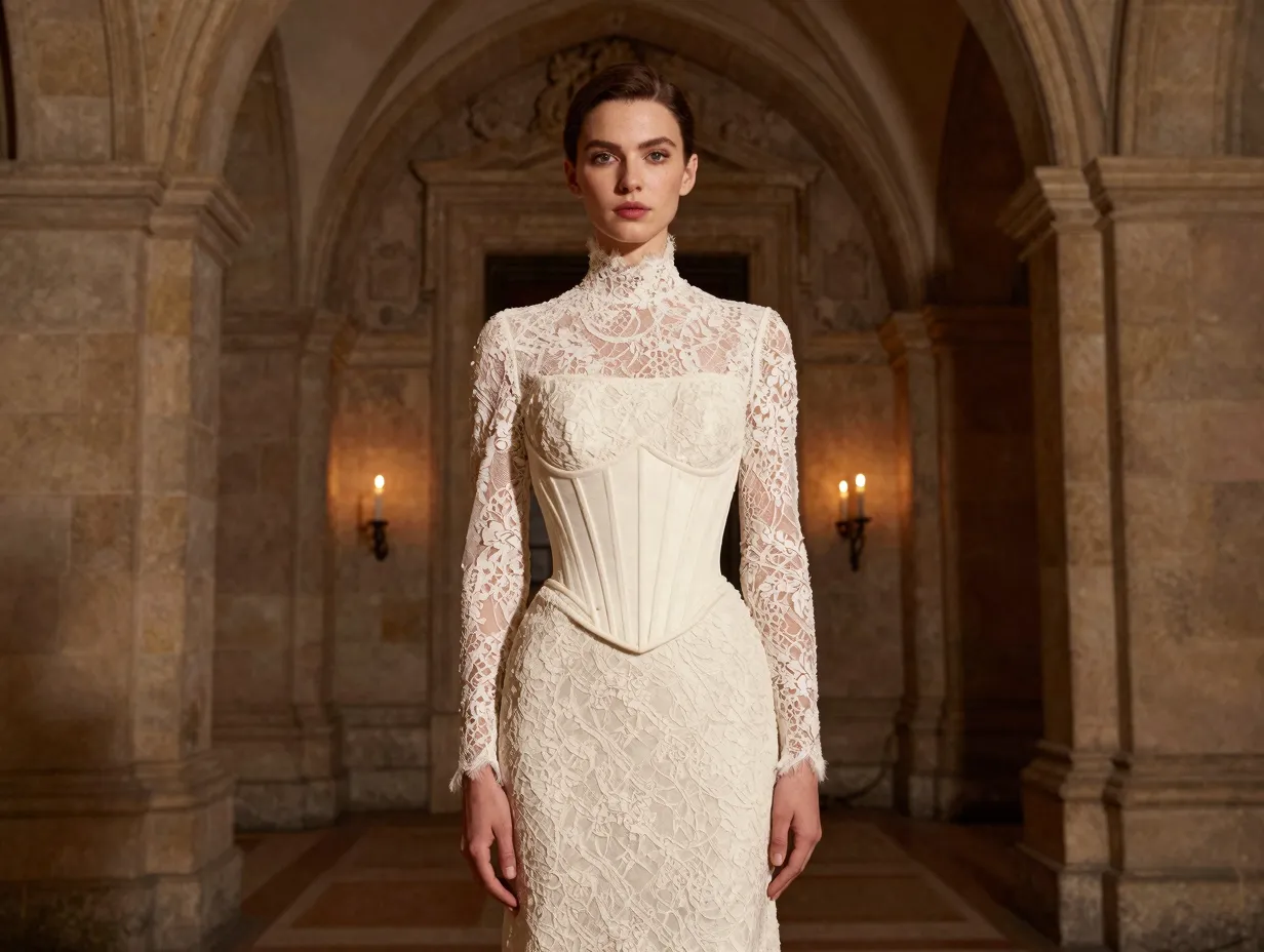 Regal high neck lace dress in a historic stone archway
