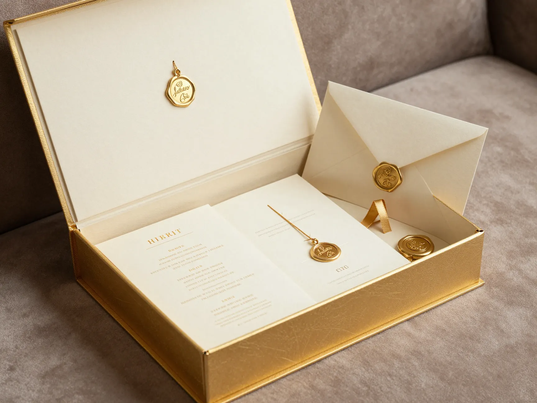 Luxury box invitation suite with custom outer box gold charm gift