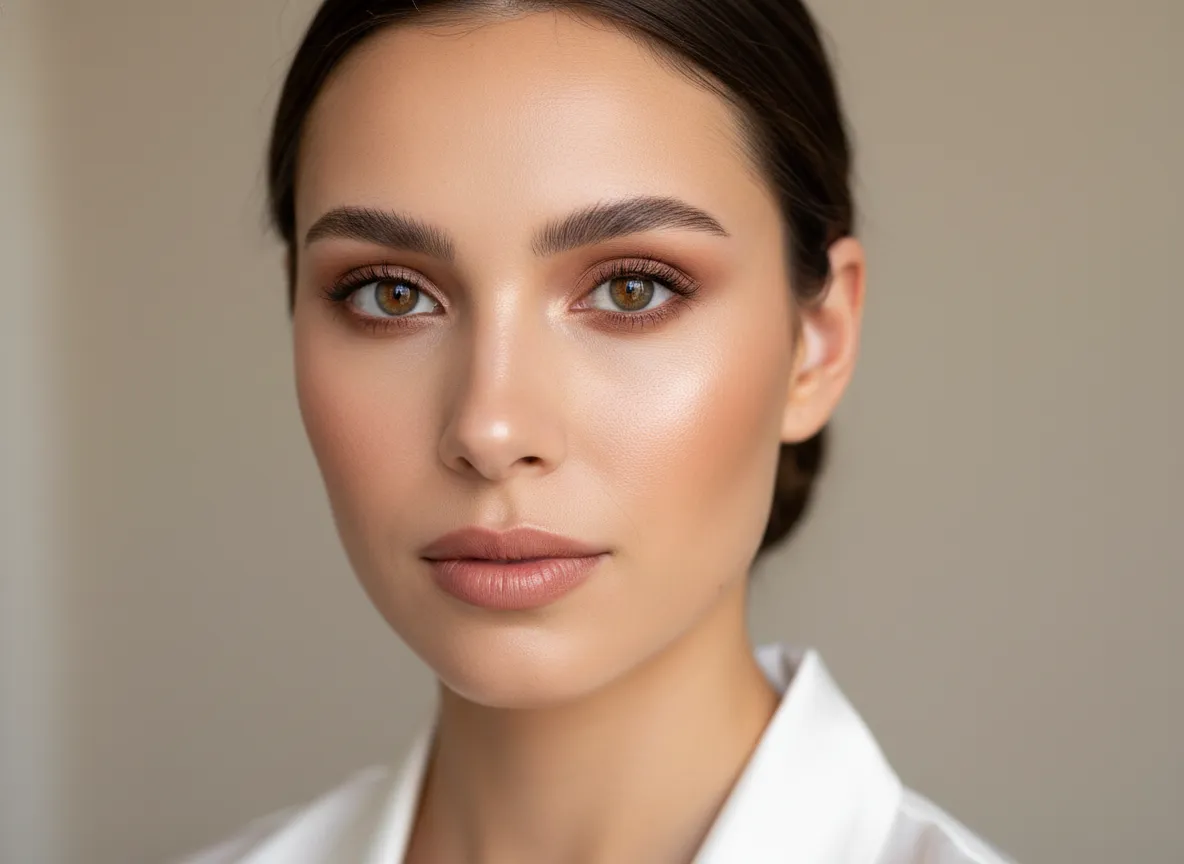 Minimalist nude glam satin skin warm nude eyeshadow rose stained lip