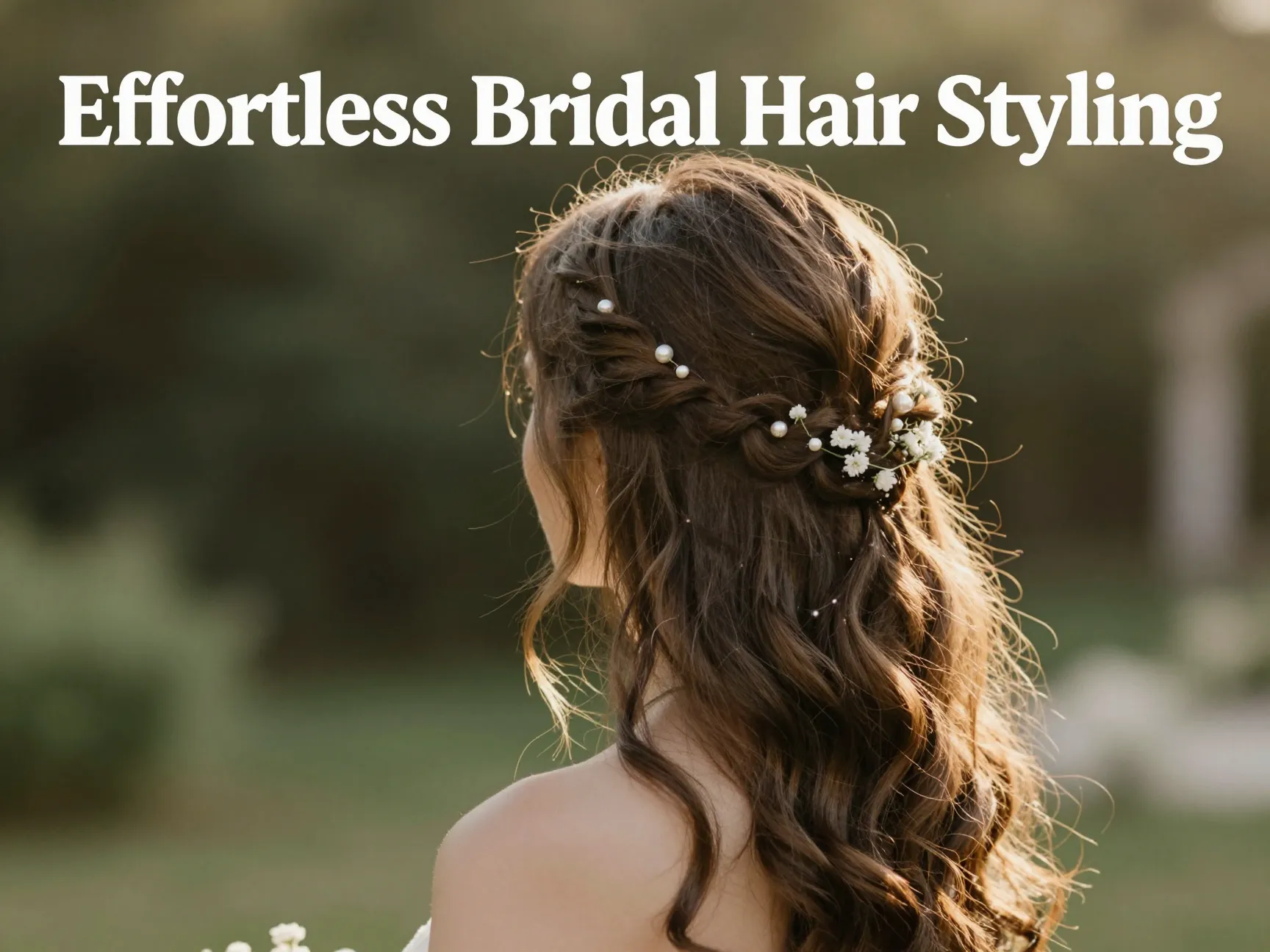 Brunette textured waves braid pearls garden wedding hairstyle