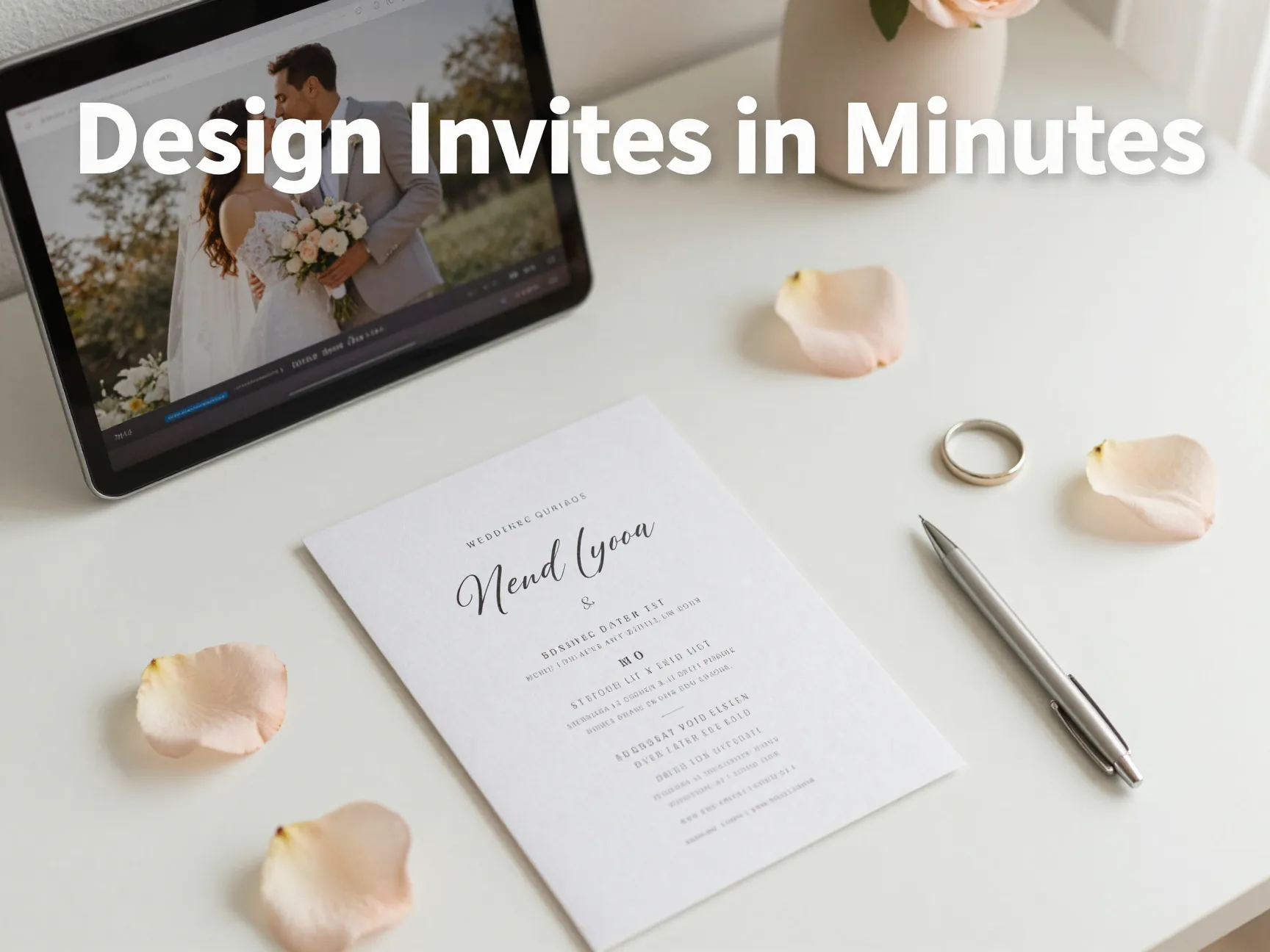 Laptop printed invitation petals pen wedding band pastel desk