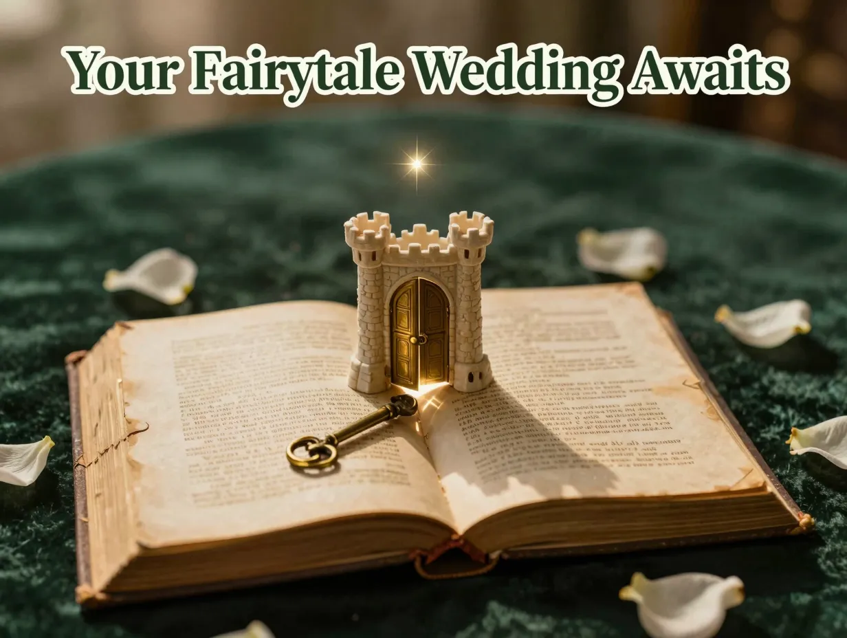 Vintage storybook open with key rose petals miniature castle door golden light