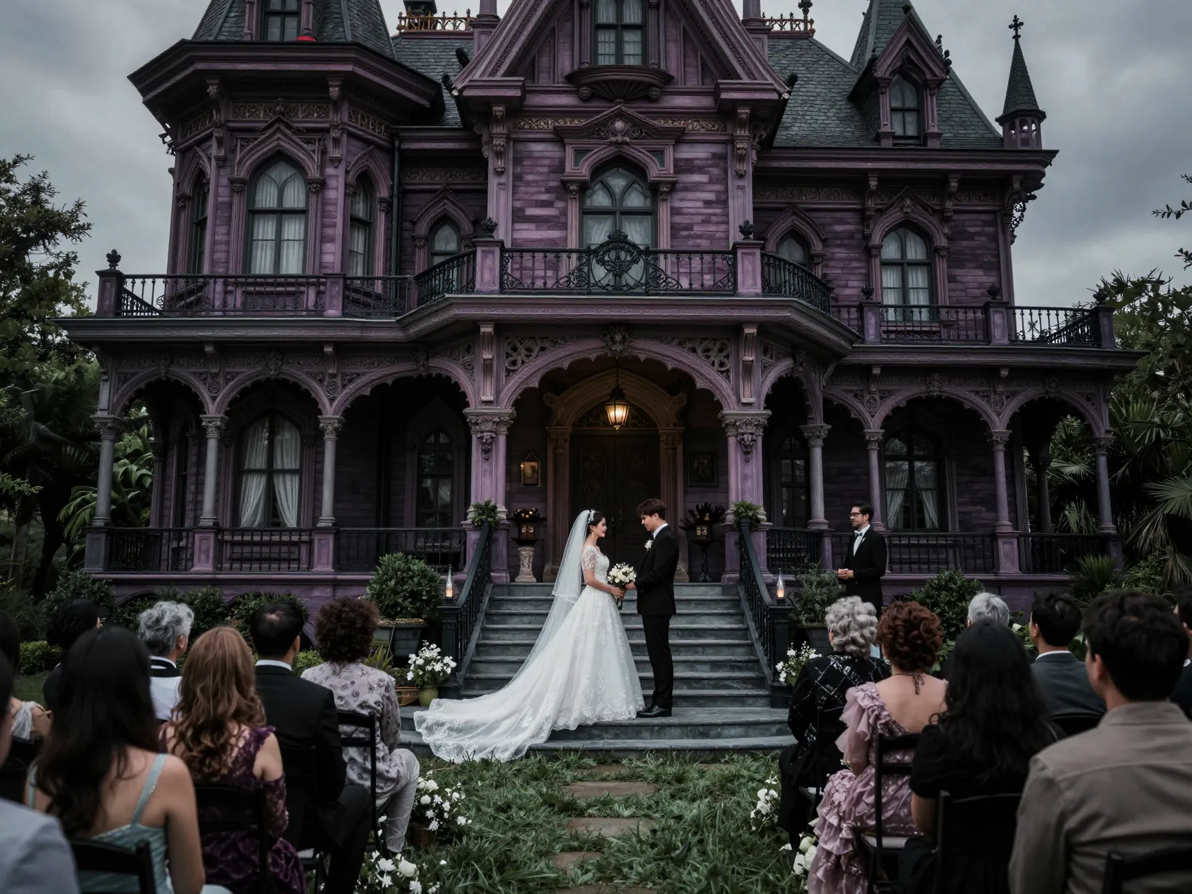 Intimate gothic wedding on haunted mansion front steps