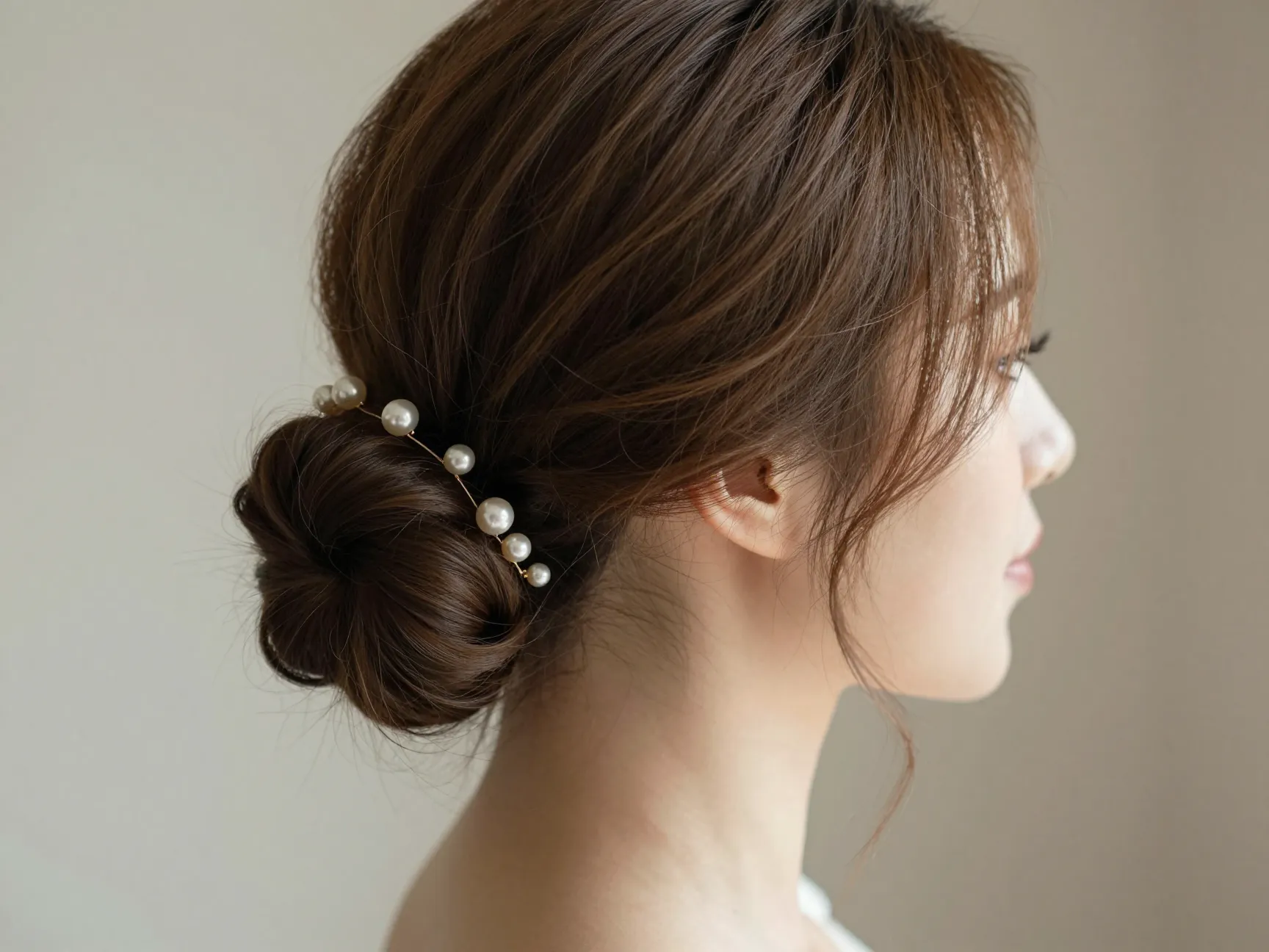 Soft low bun bridal hairstyle natural texture face framing tendrils pearl pins