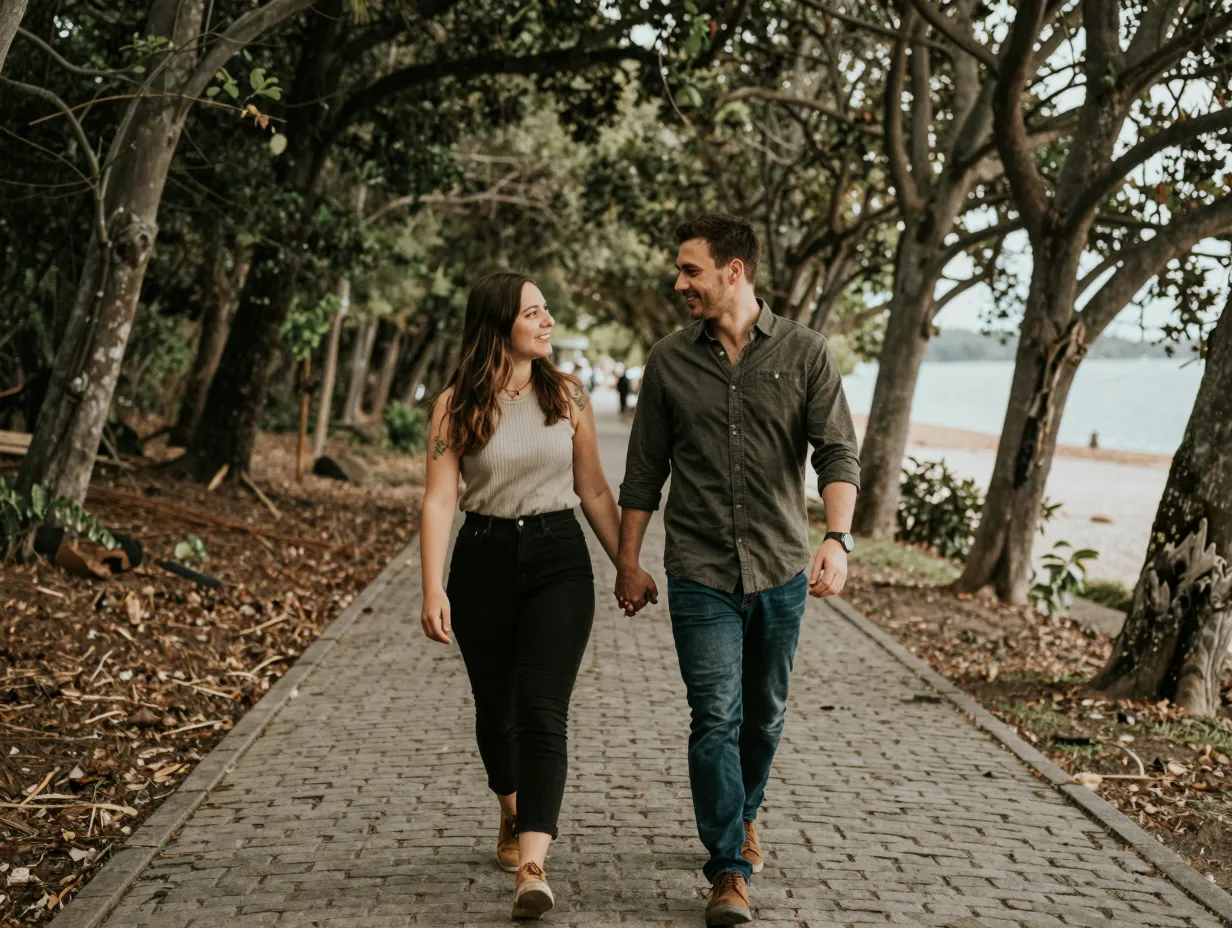 Couple walking hand in hand conversation forest trail engagement photo