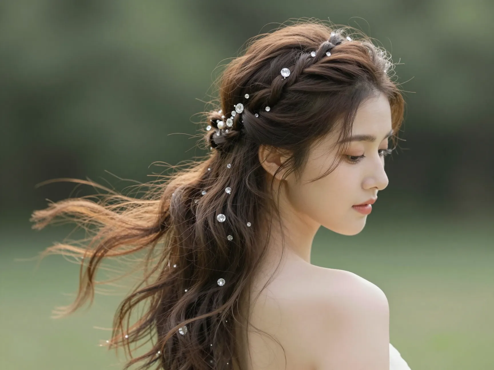 Twisted half updo bridal hairstyle romantic whimsical crystal pins