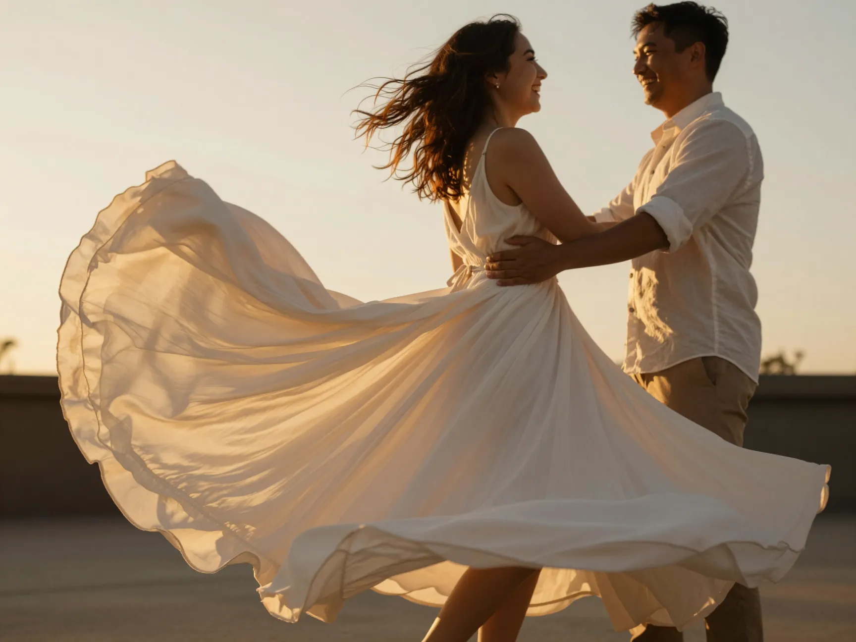 Dance spin flowing fabric couple twirl laughing golden hour engagement
