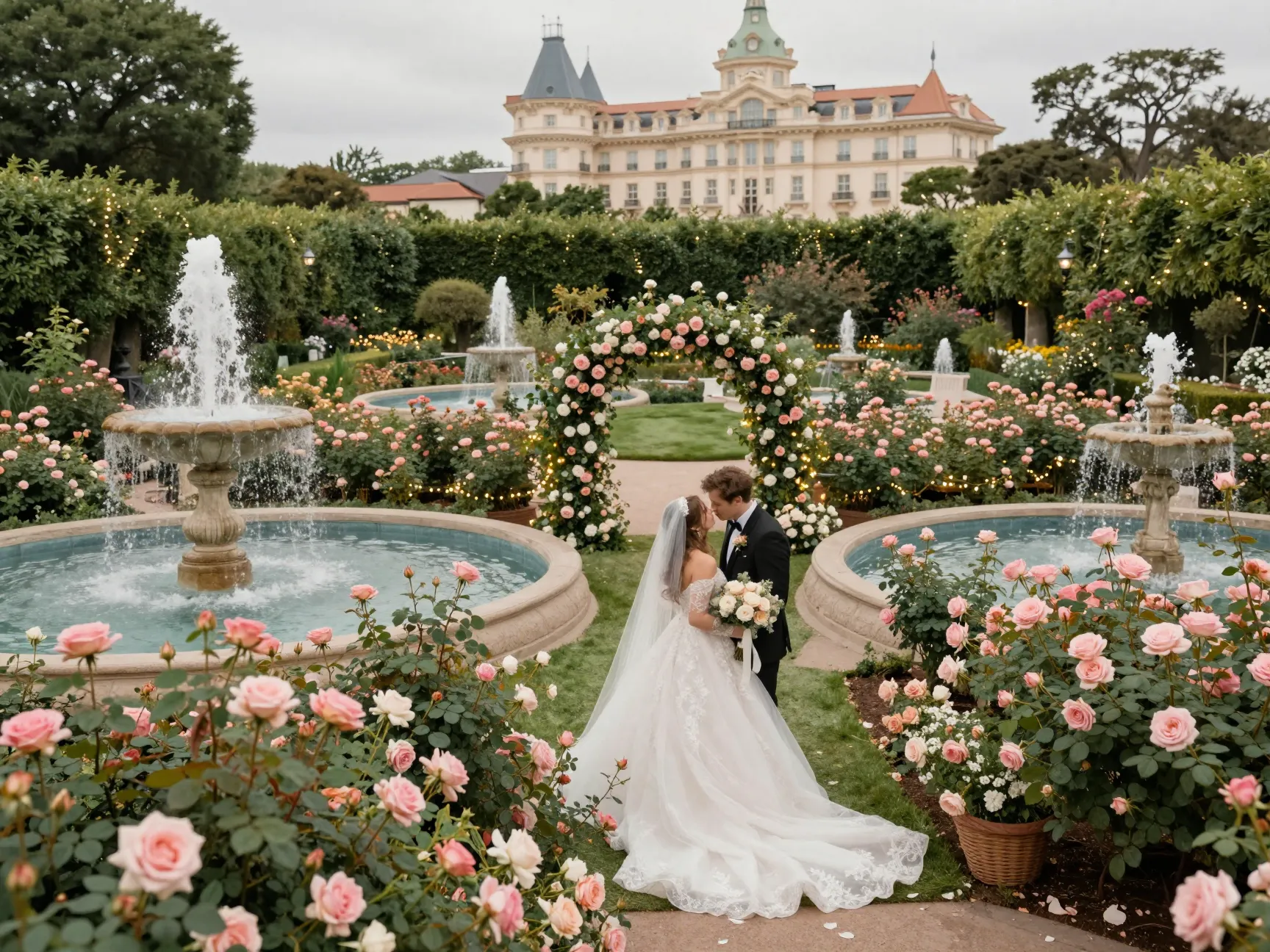 Wedding ceremony amid roses and fountains in rose court garden