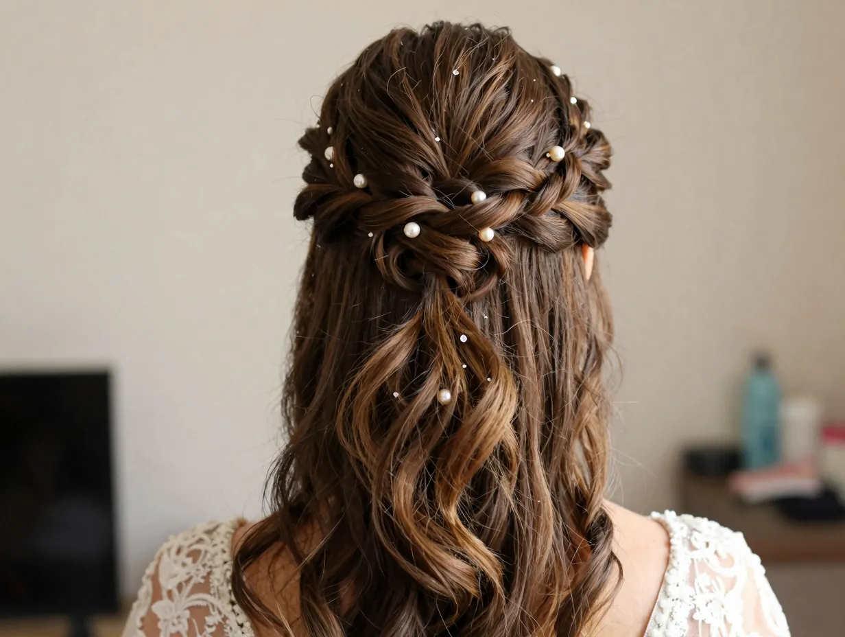 Half up half down bridal hairstyle hidden twists knots crystal accents