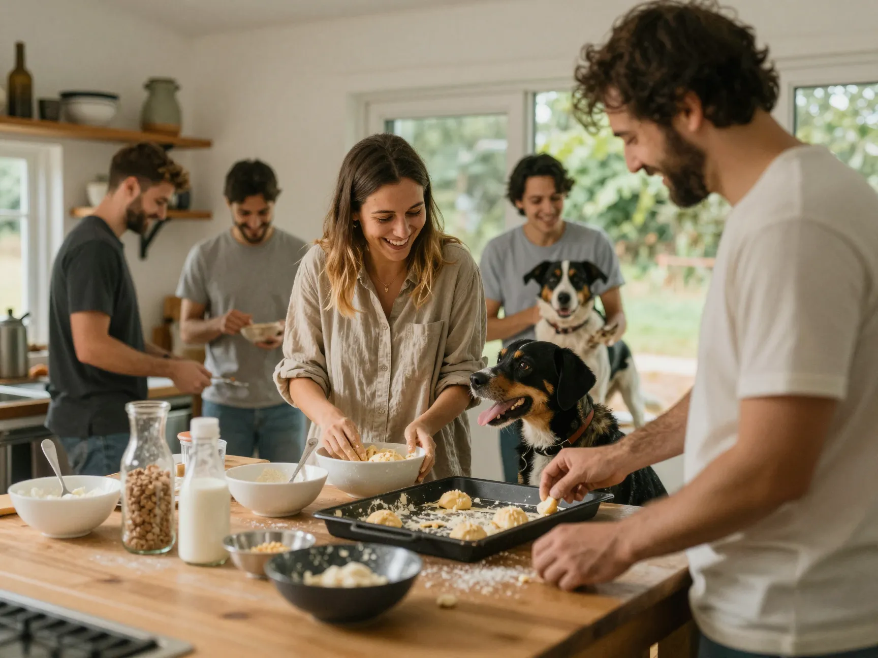 Shared activity baking couple kitchen dog engagement real moment candid