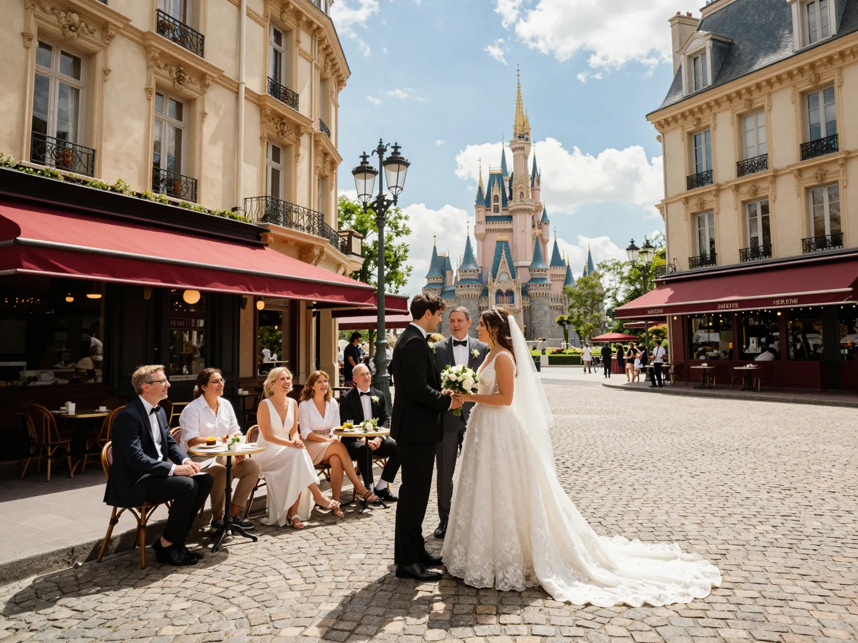 Parisian wedding scene at place de remy cobblestone streetscape