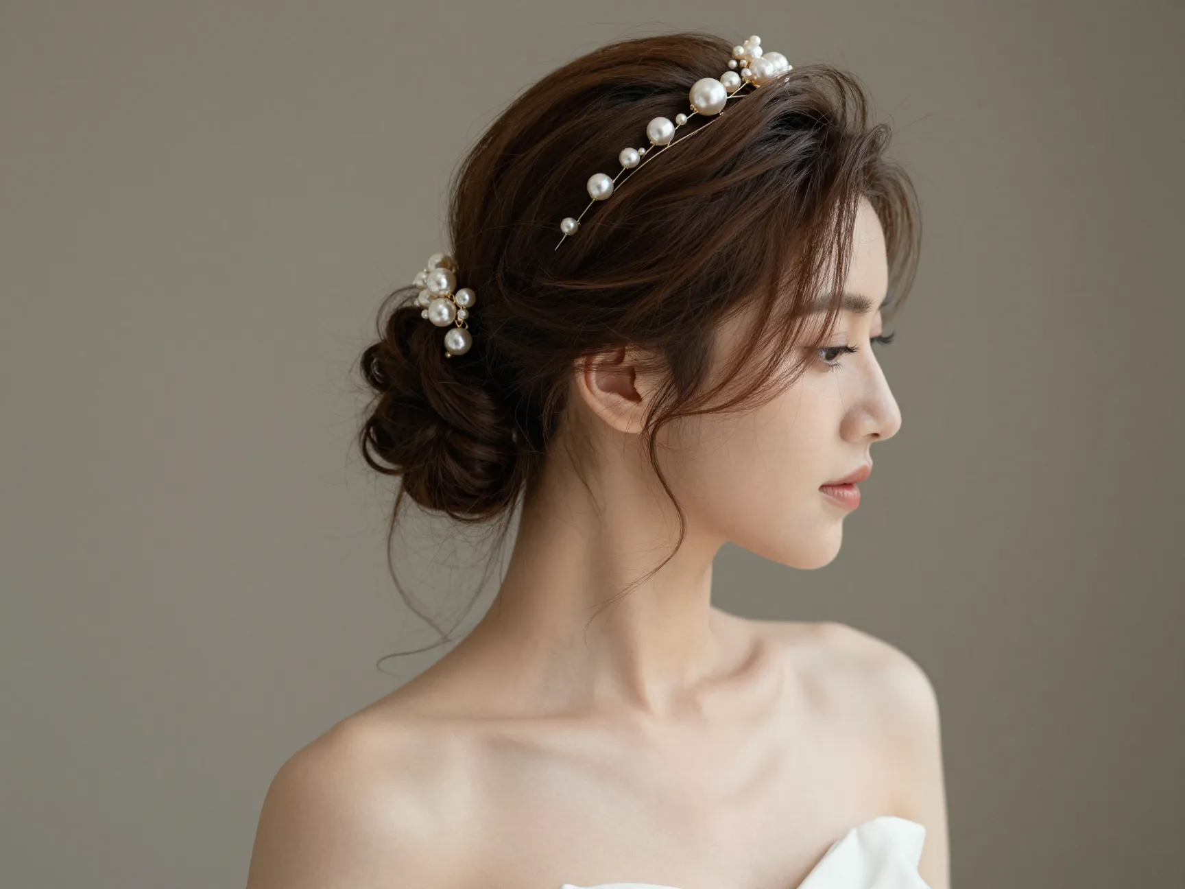 Softly lifted crown bridal hairstyle elegant understated volume pearl pins