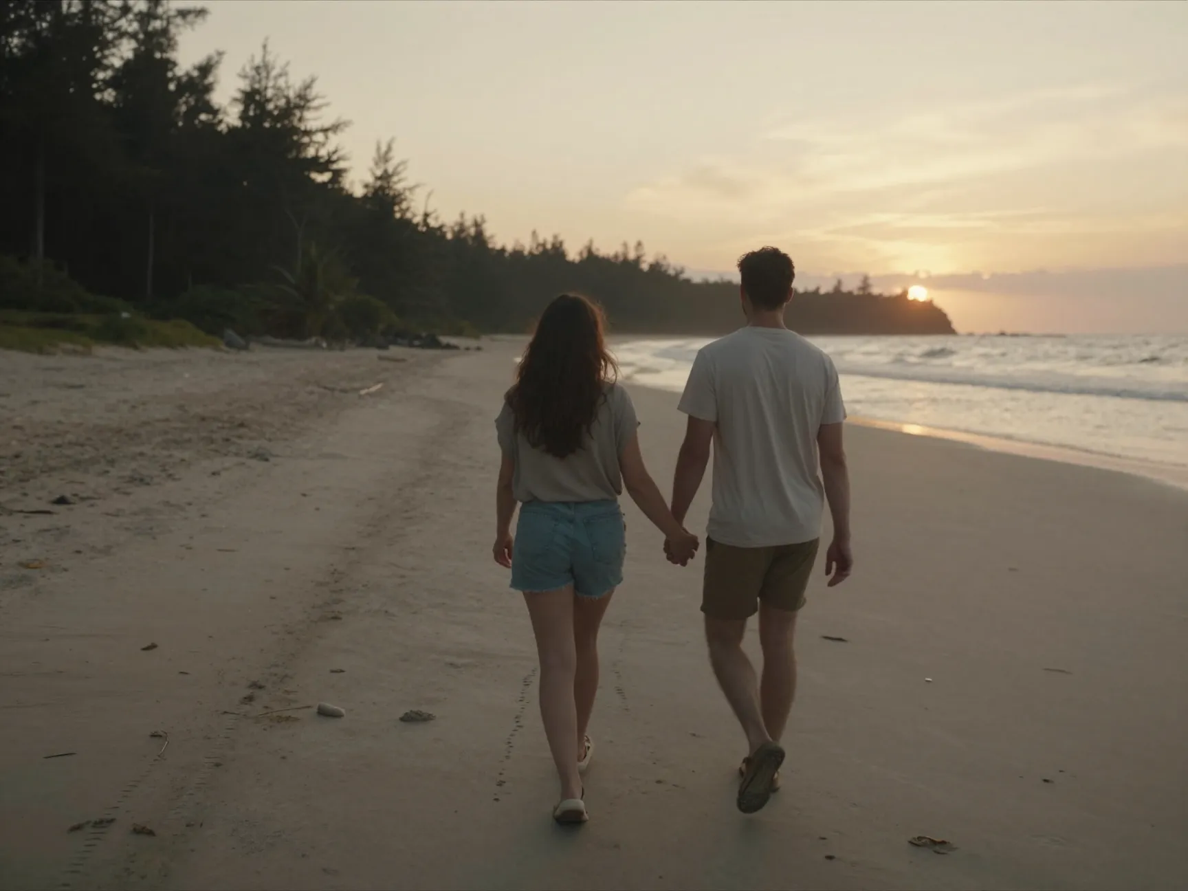 Walk away shot couple hand in hand sunset beach cinematic landscape frame