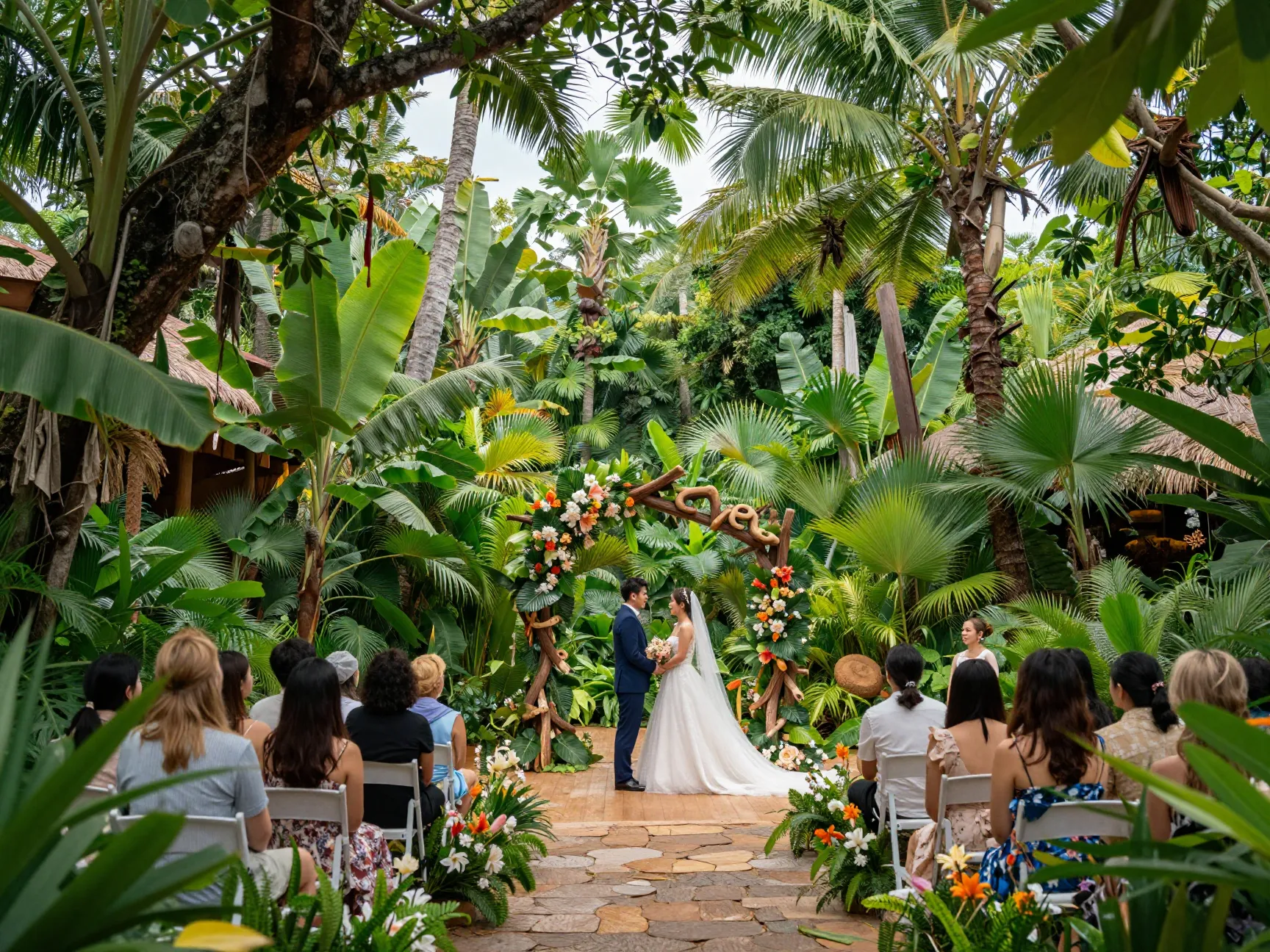 Tropical adventure wedding in tamu tamu courtyard lush setting