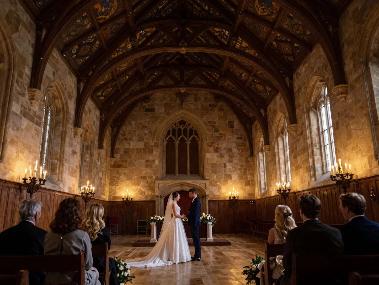 Historic castle wedding in medieval great hall with candlelight