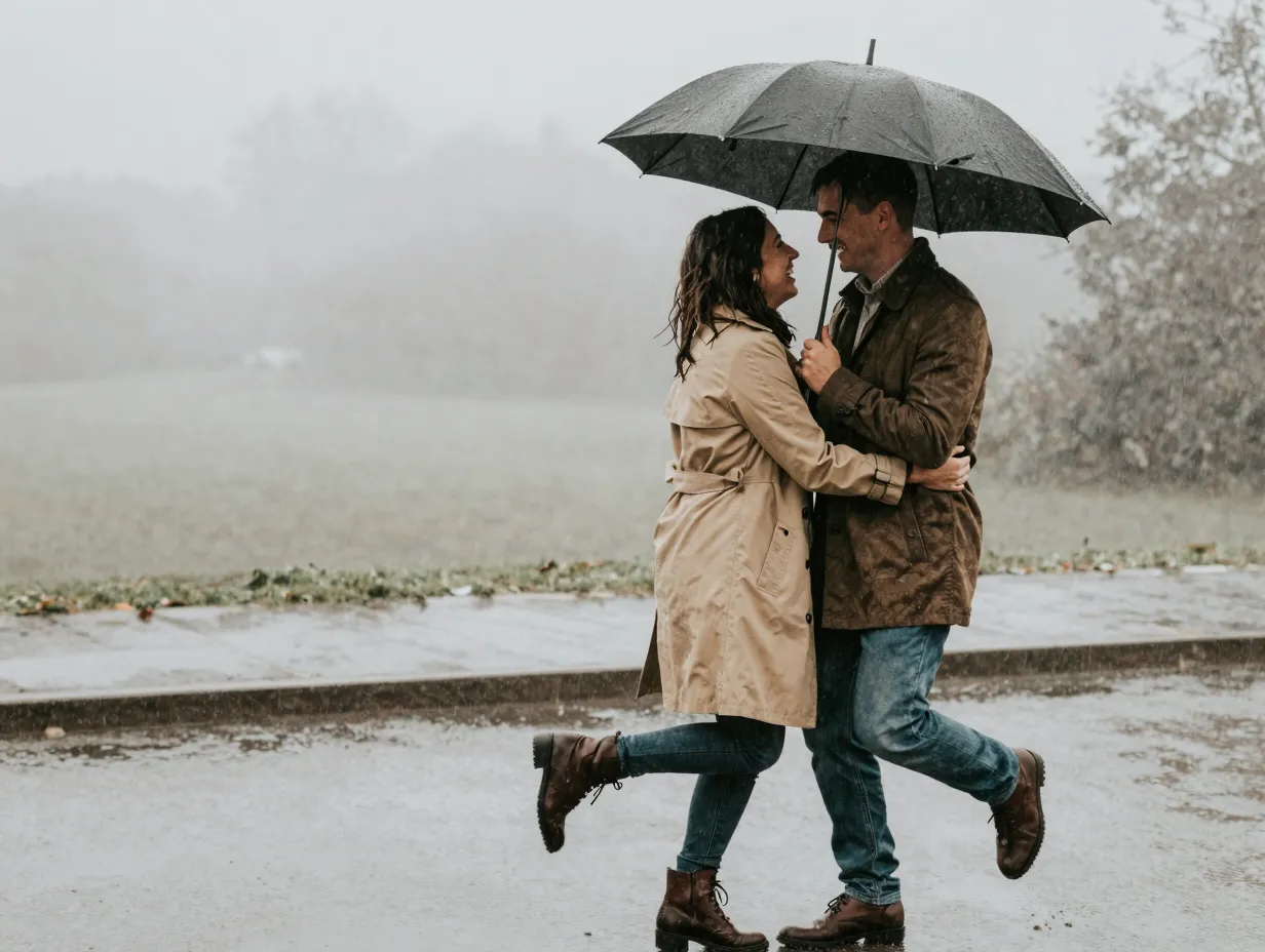 Rain embrace couple umbrella puddle laughter overcast day dreamy weather